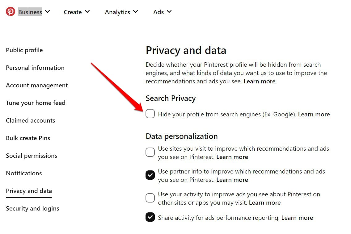 Pinterest offers an option to hide your profile from search engines.