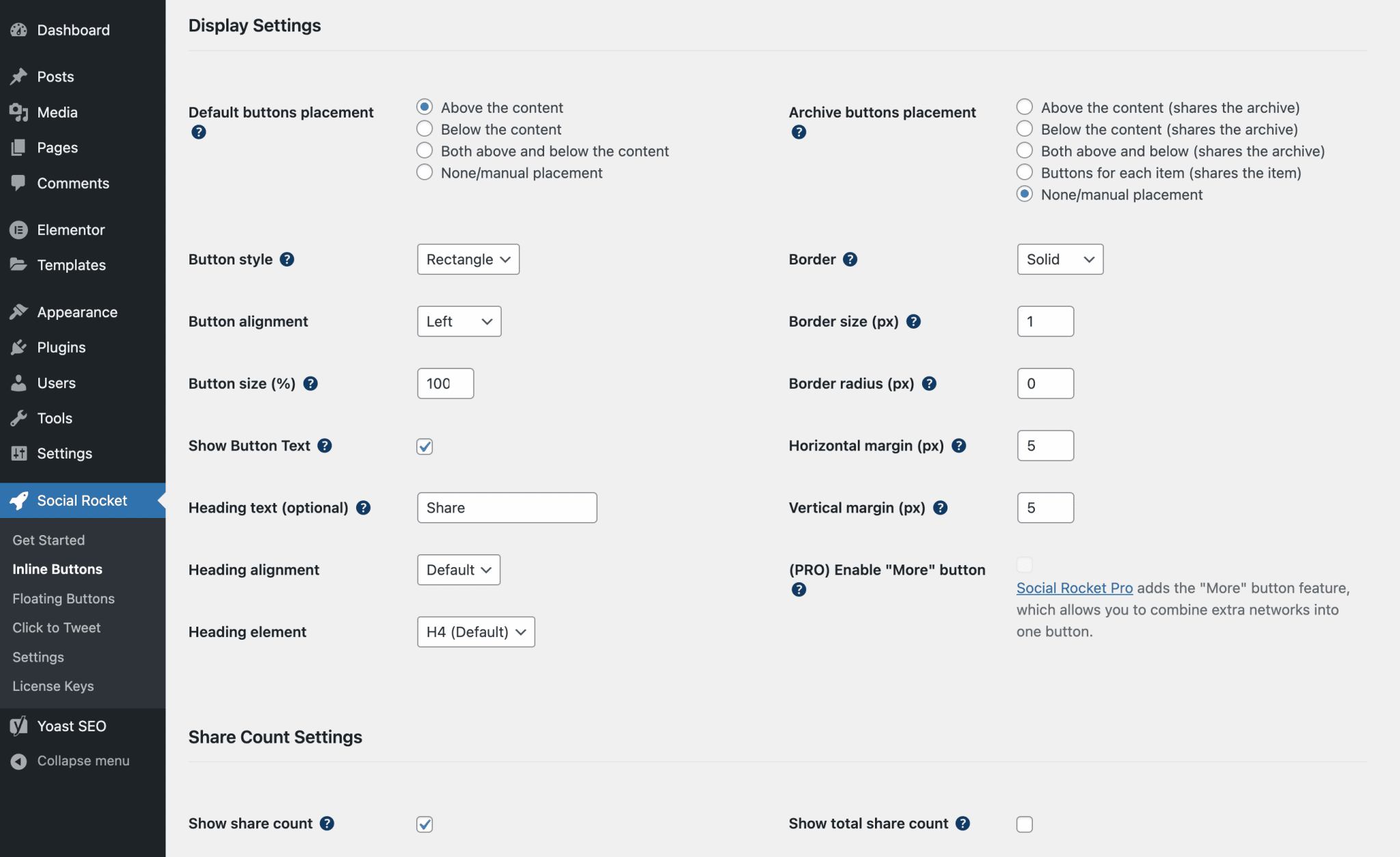 Social Rocket allows to add a Pinterest share button to your posts and pages on WordPress.