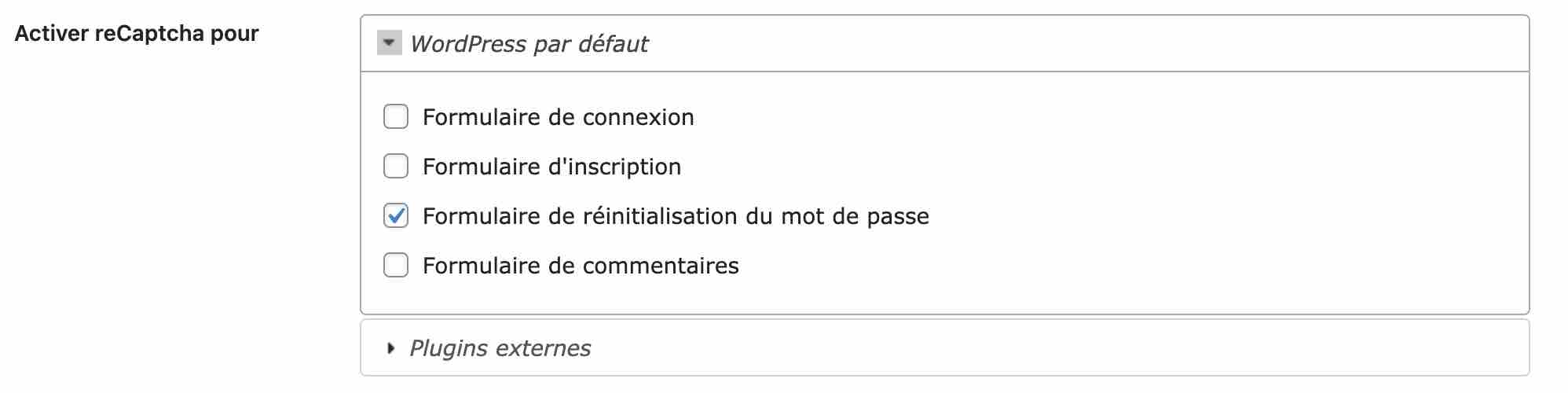 reCaptcha by BestWebSoft peut s'activer sur différents formulaires.