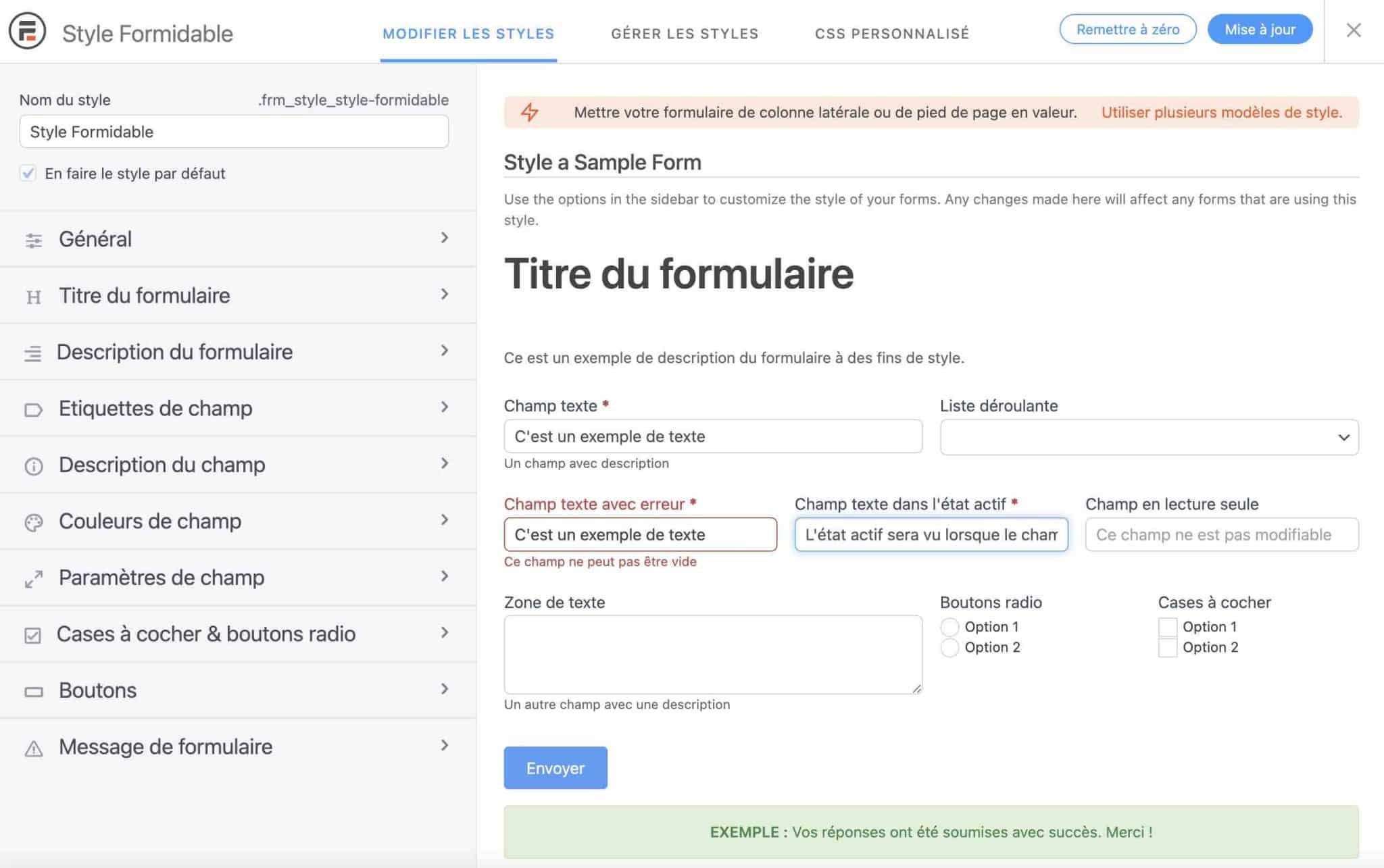 Formidable Forms propose une fonctionnalité pour modifier les styles d'un formulaire.