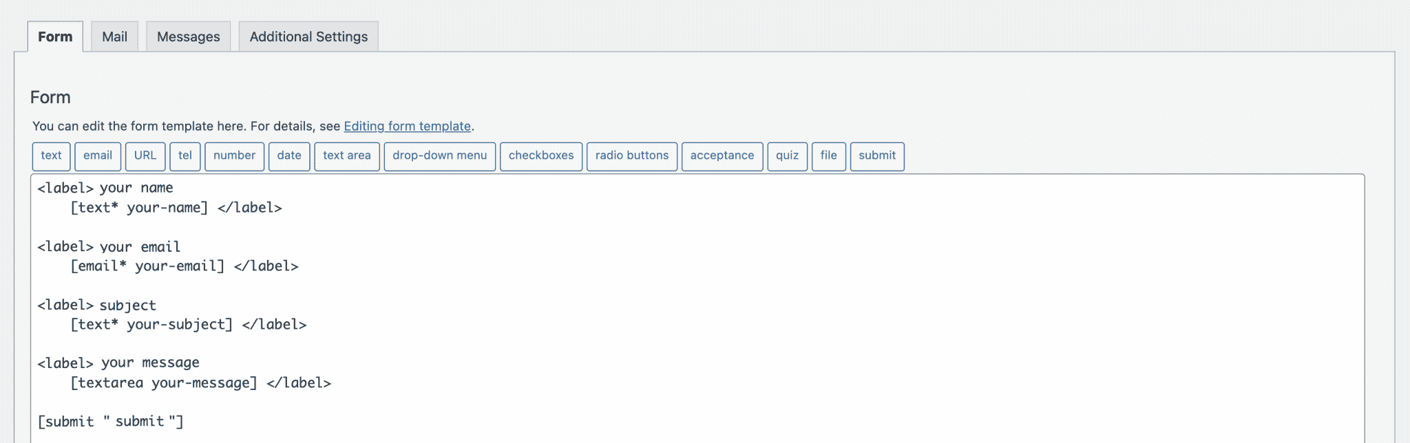 Interface of the Contact Form 7 plugin on WordPress.