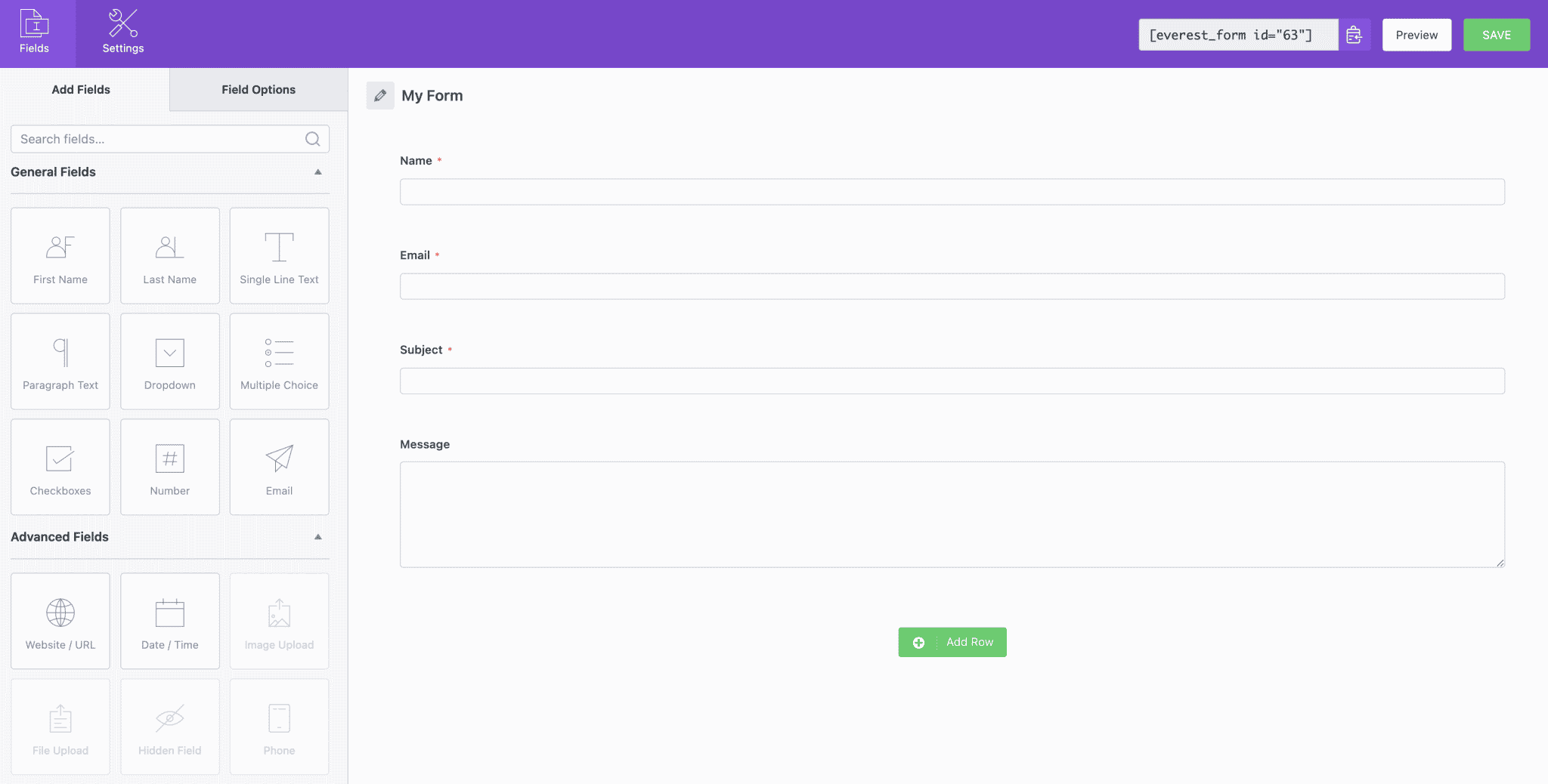 Interface of the Everest Forms plugin to create contact forms on WordPress.