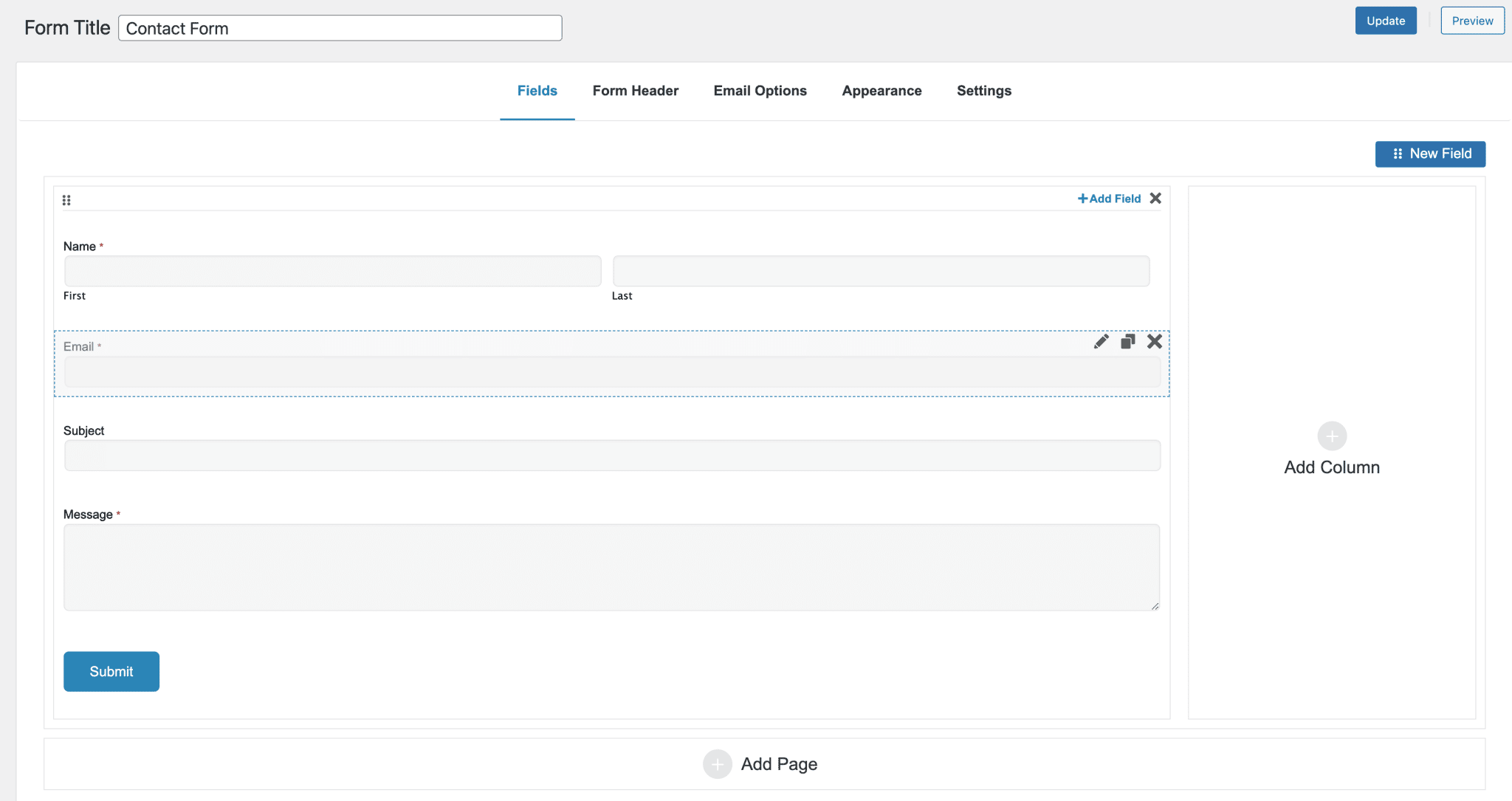 Interface of the Form Maker by 10Web plugin allowing to create contact forms on WordPress.
