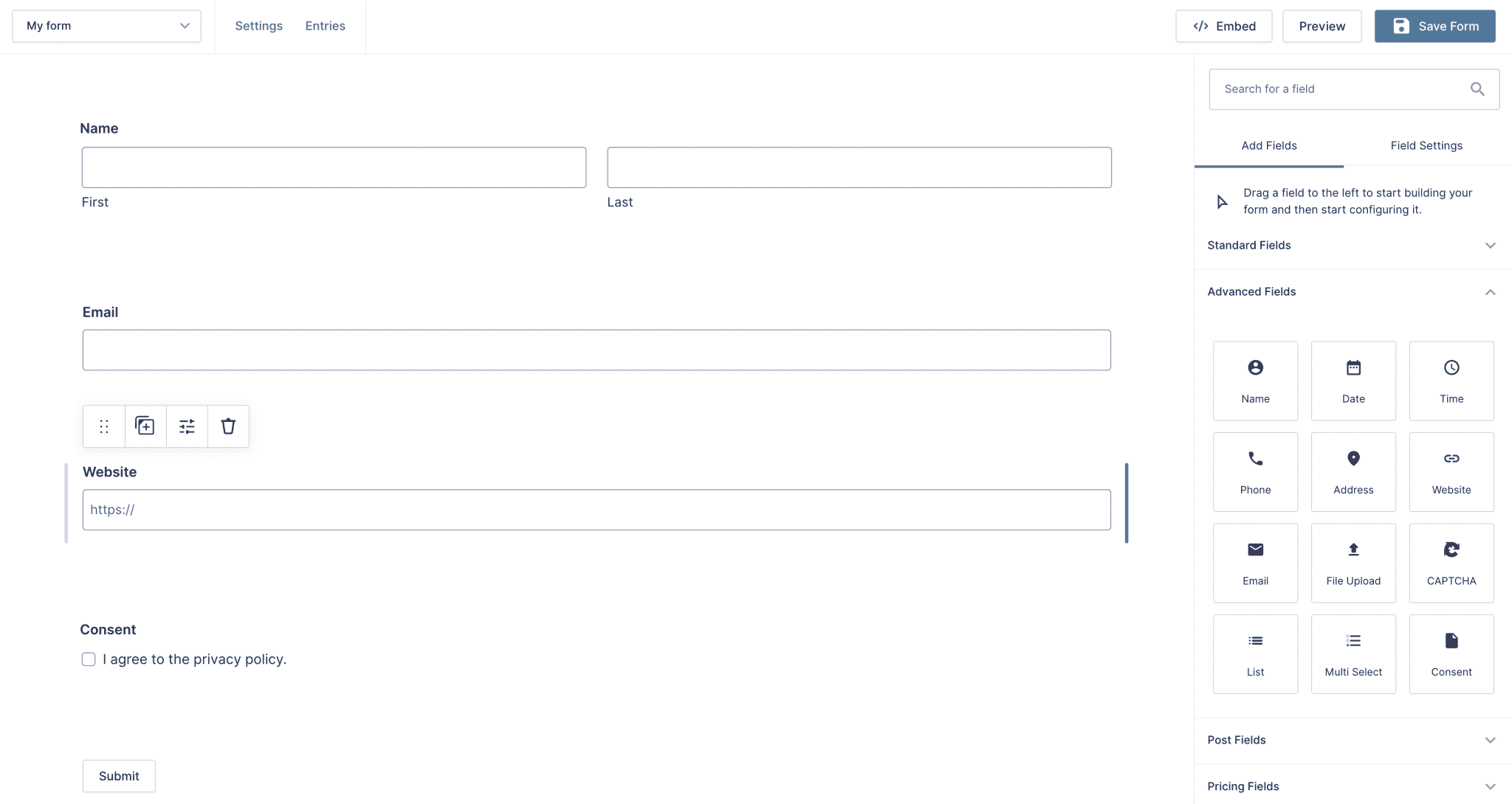 Interface of the Gravity Forms plugin on WordPress.