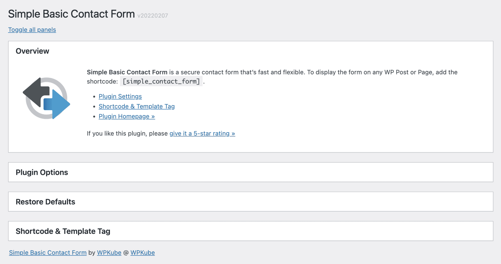 Simple Basic Contact Form plugin settings on WordPress.