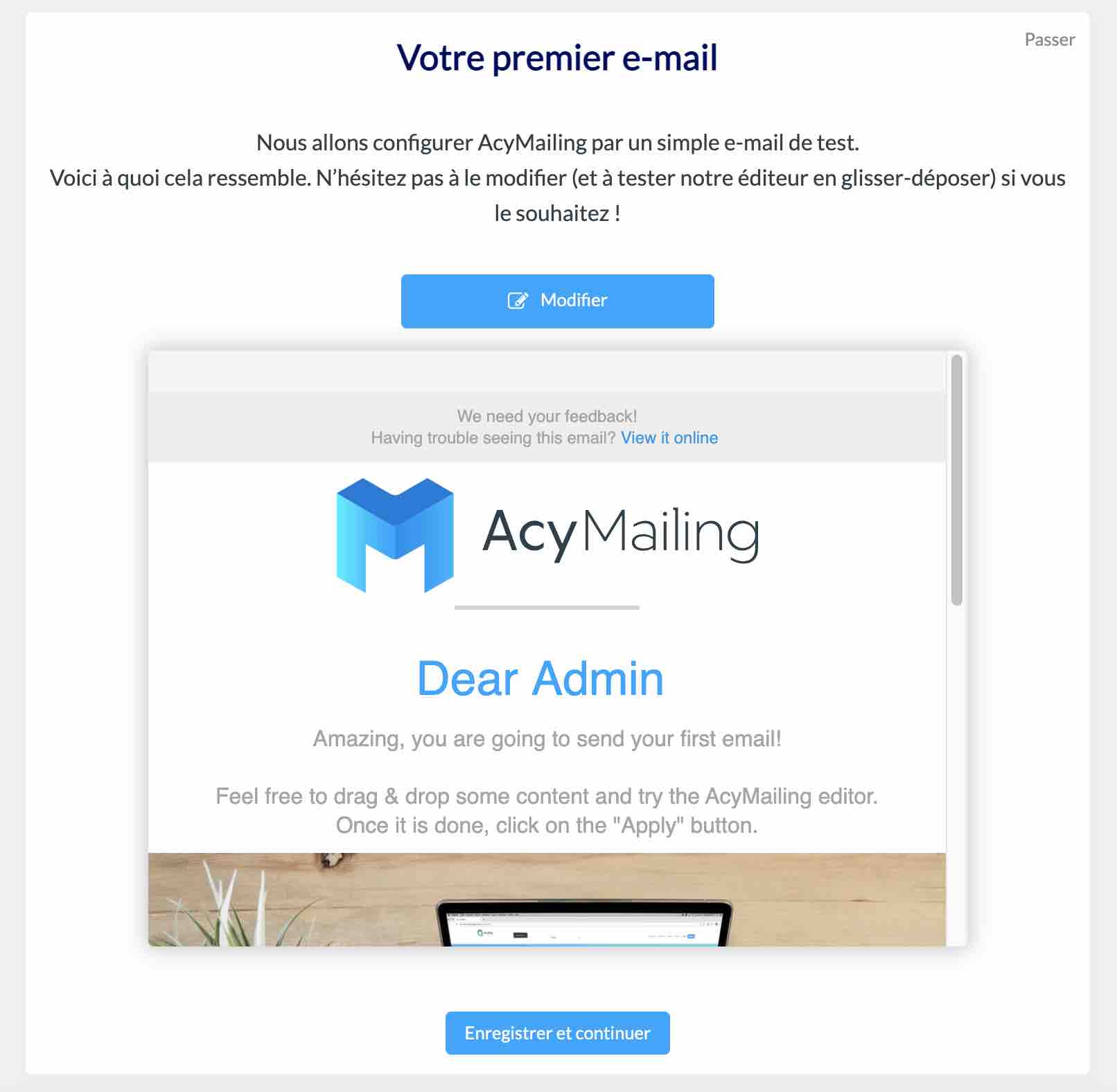 L'assistant de configuration d'AcyMailing.