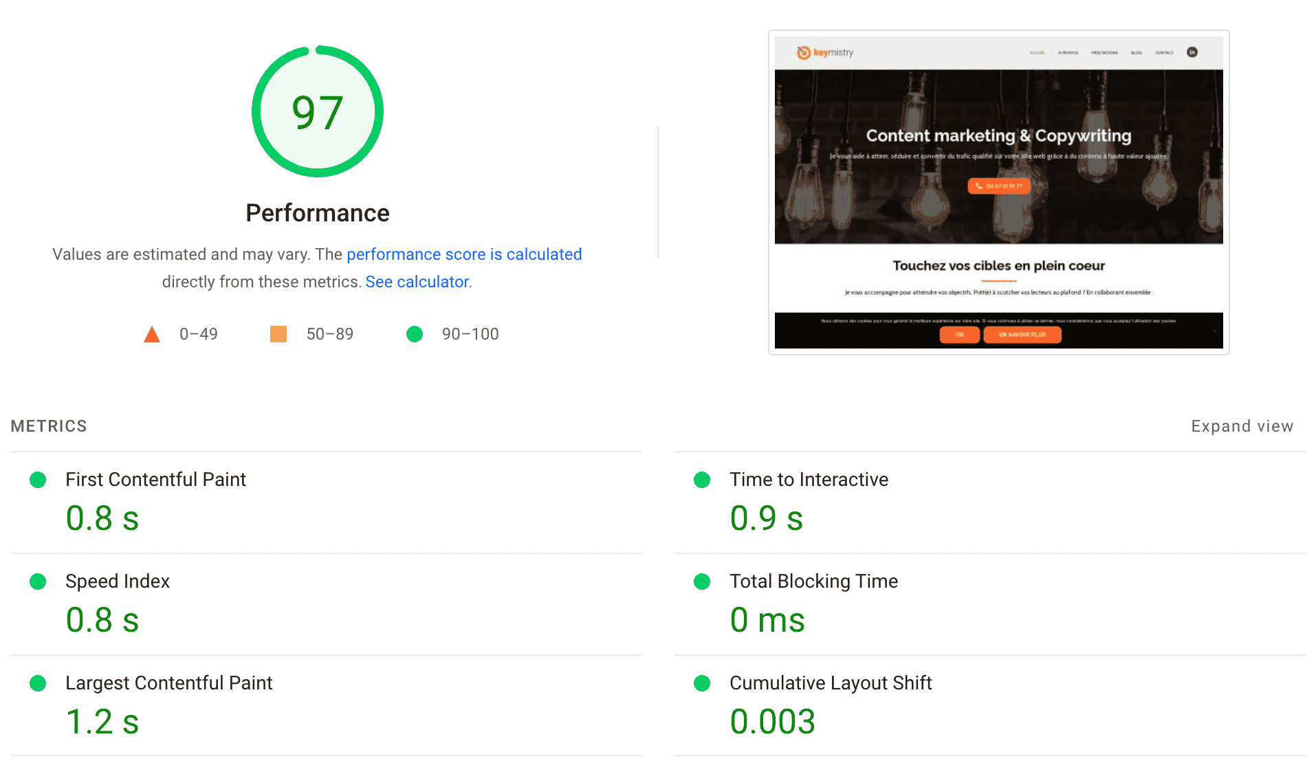 PageSpeed Insights Score with the Jetpack Boost modules activated.