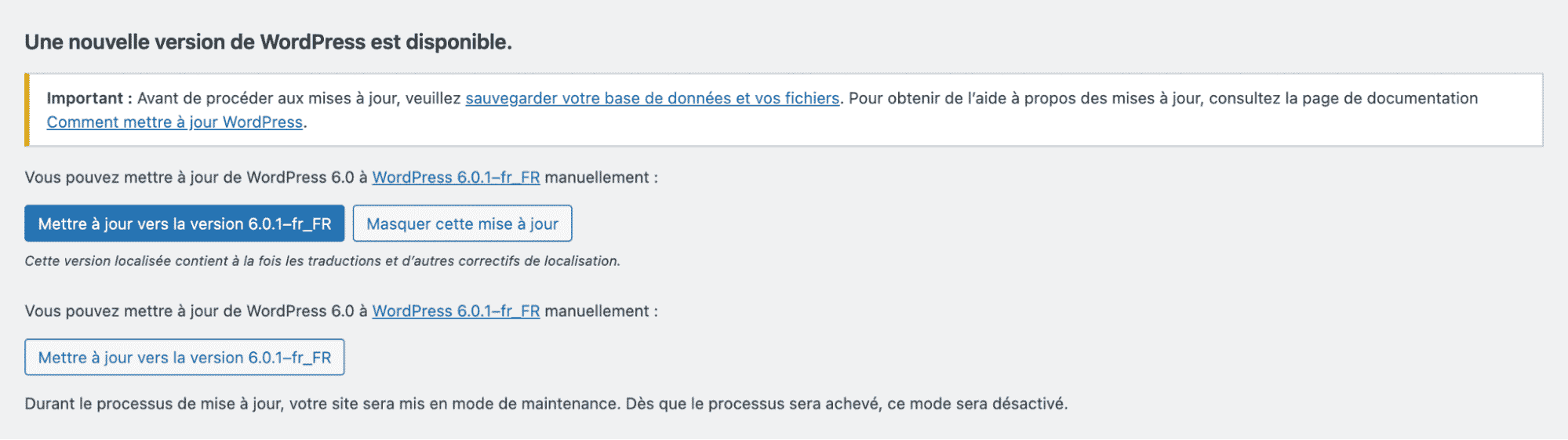 Mise à jour du Core de WordPress sur le tableau de bord.