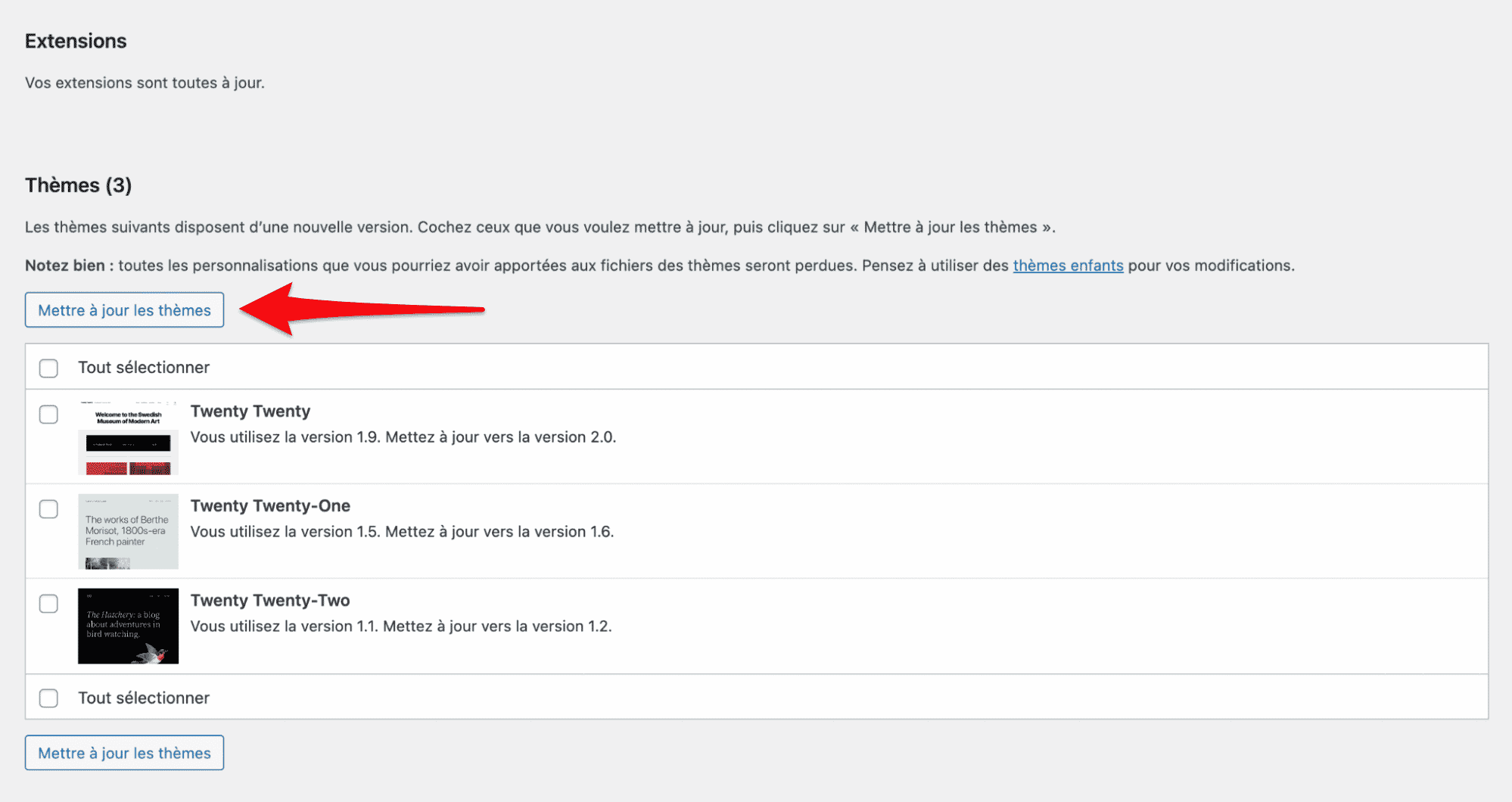 Mise à jour des thèmes WordPress.