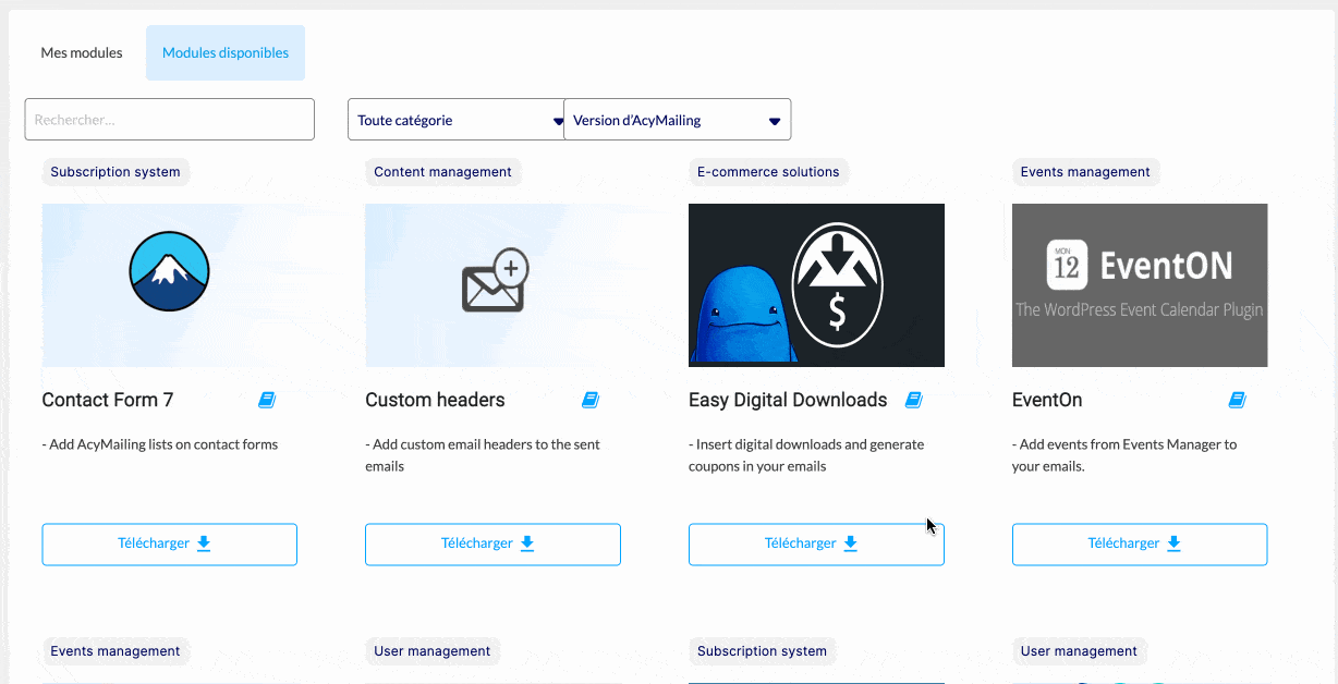 Plusieurs modules sont proposés pour étendre les fonctionnalités de l'extension.