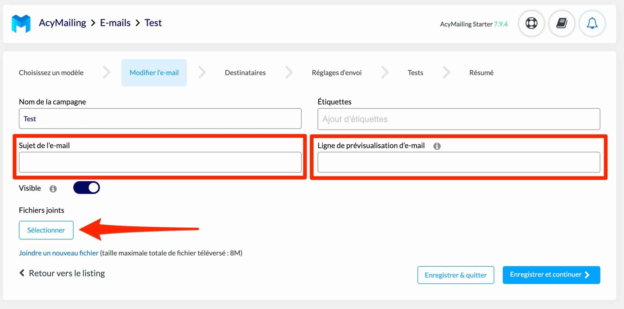 Avant envoi, AcyMailing permet d'ajouter un objet et un texte de prévisualisation.