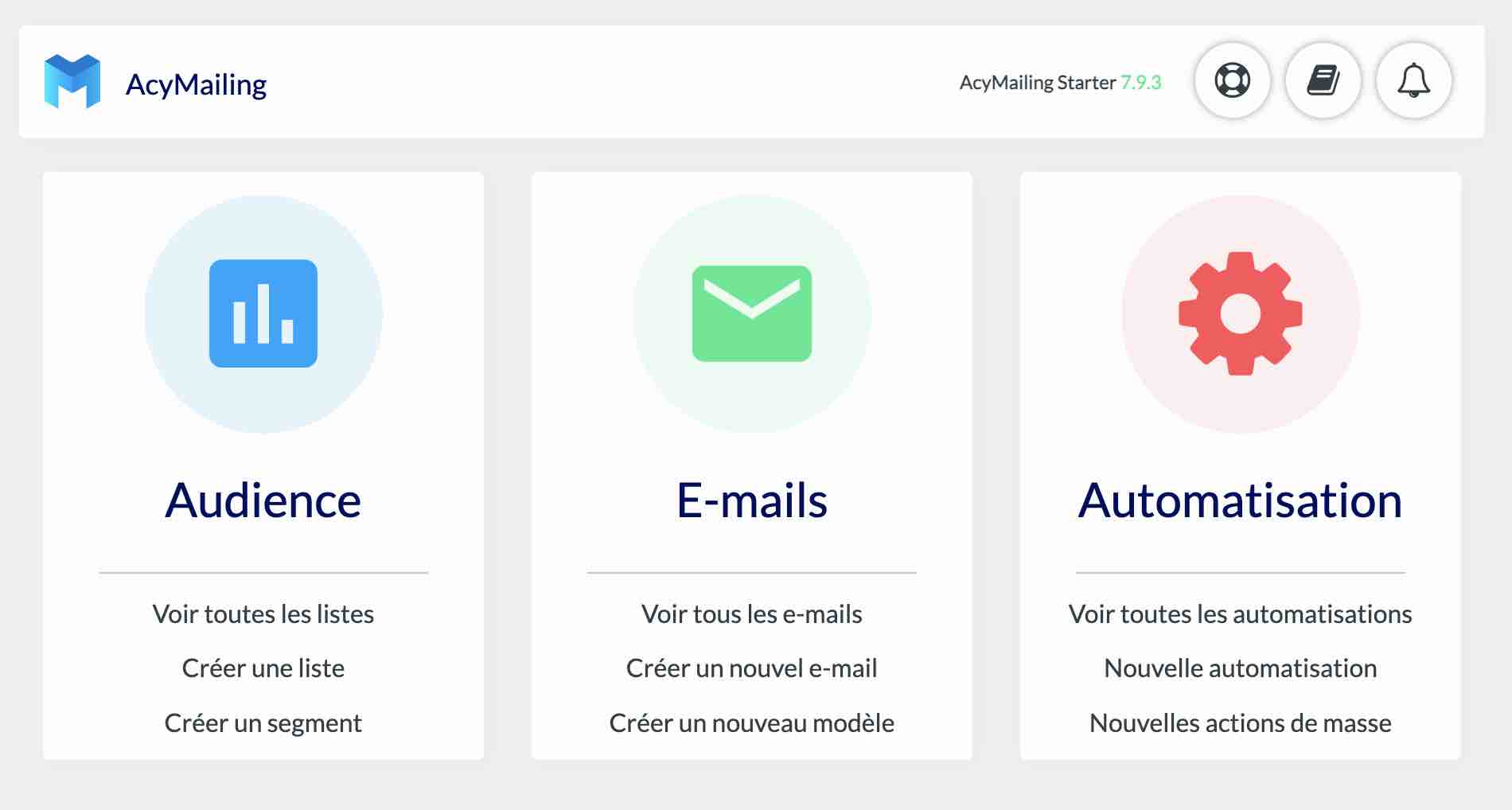Le tableau de bord d'AcyMailing.
