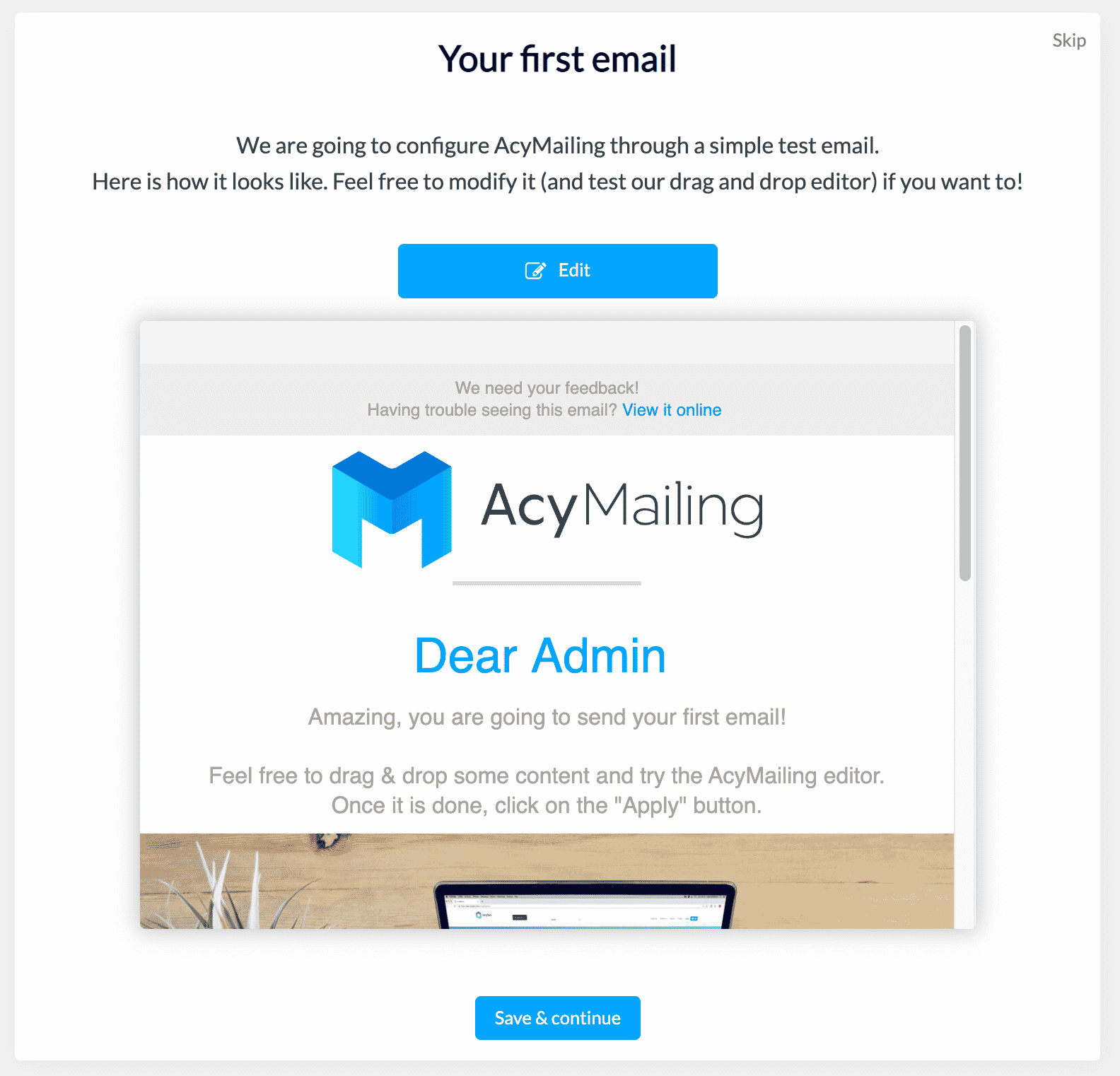 Configuration assistant on AcyMailing.