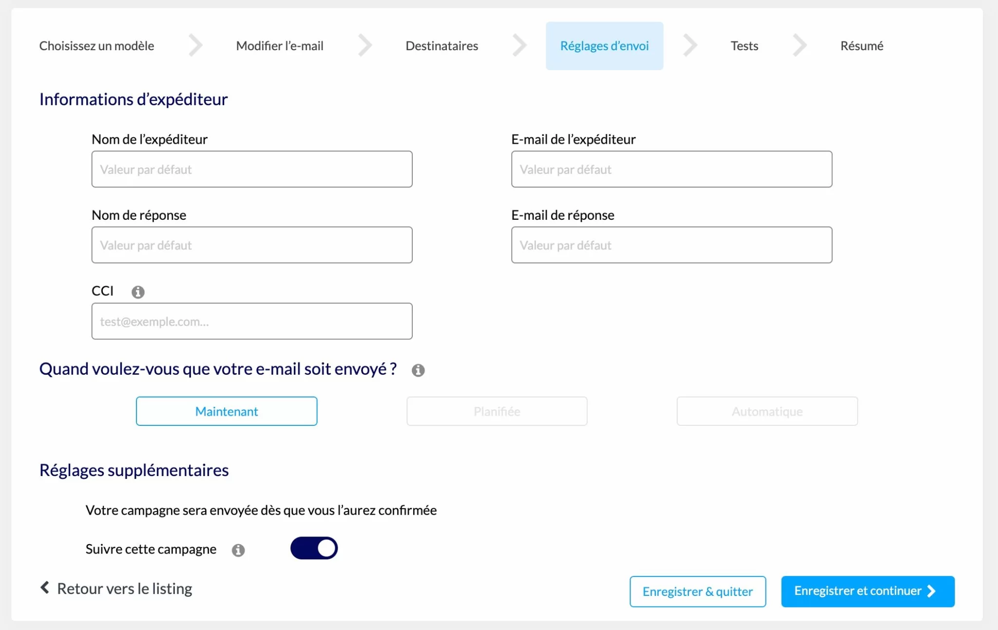 Des réglages d'envoi peuvent être configurés pour votre e-mail.