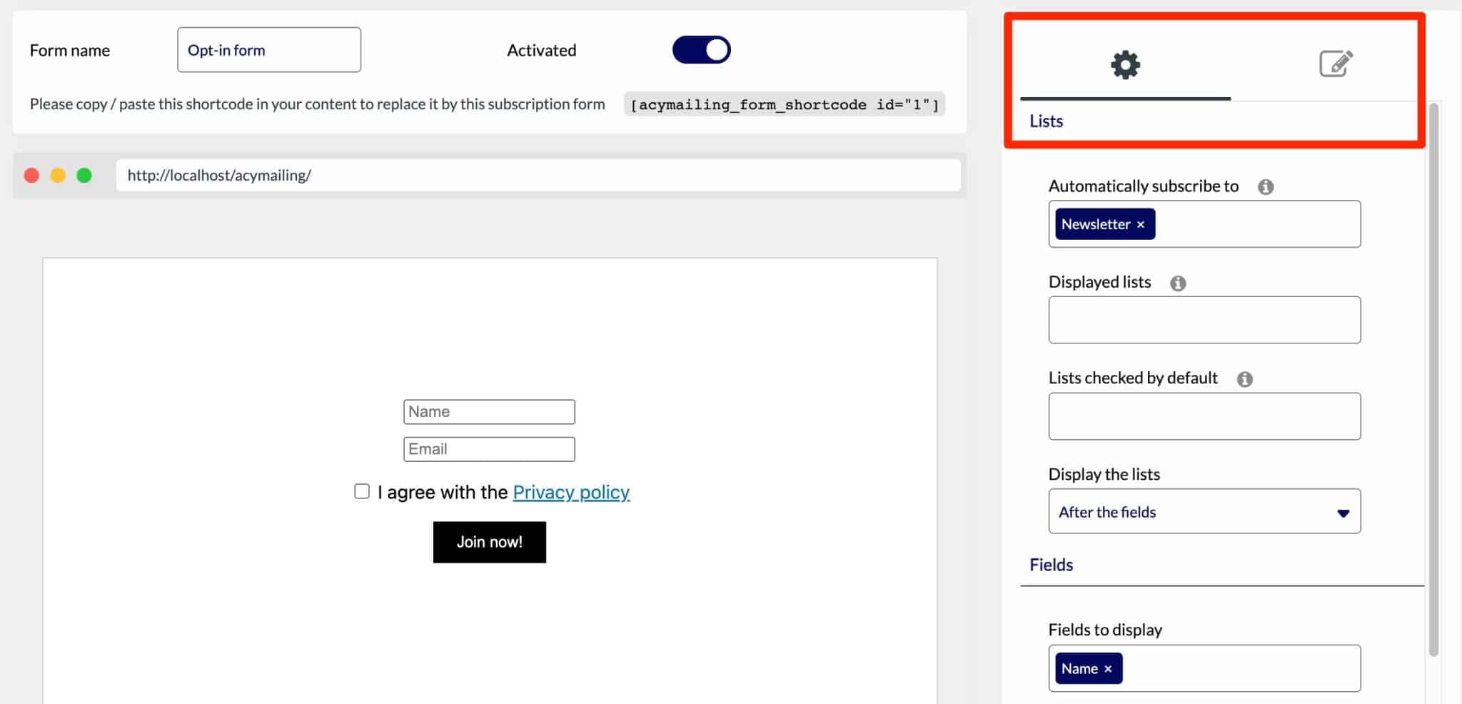 Editing interface for AcyMailing subscription form.