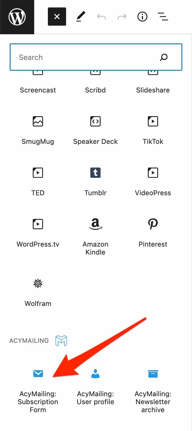 The Gutenberg block for the AcyMailing subscription form.