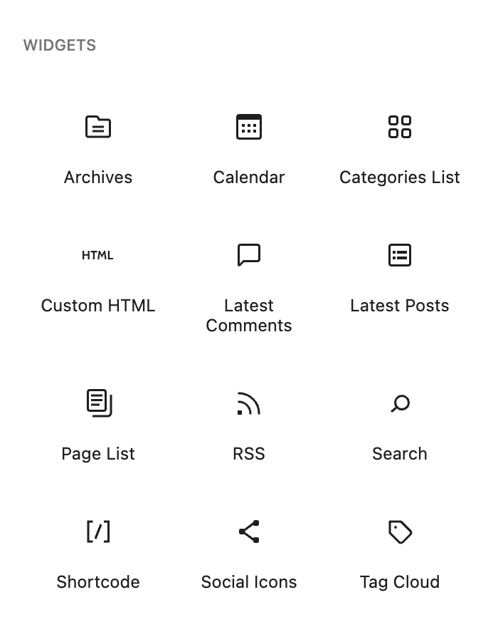 List of blocks in the WordPress default "Widgets" category.