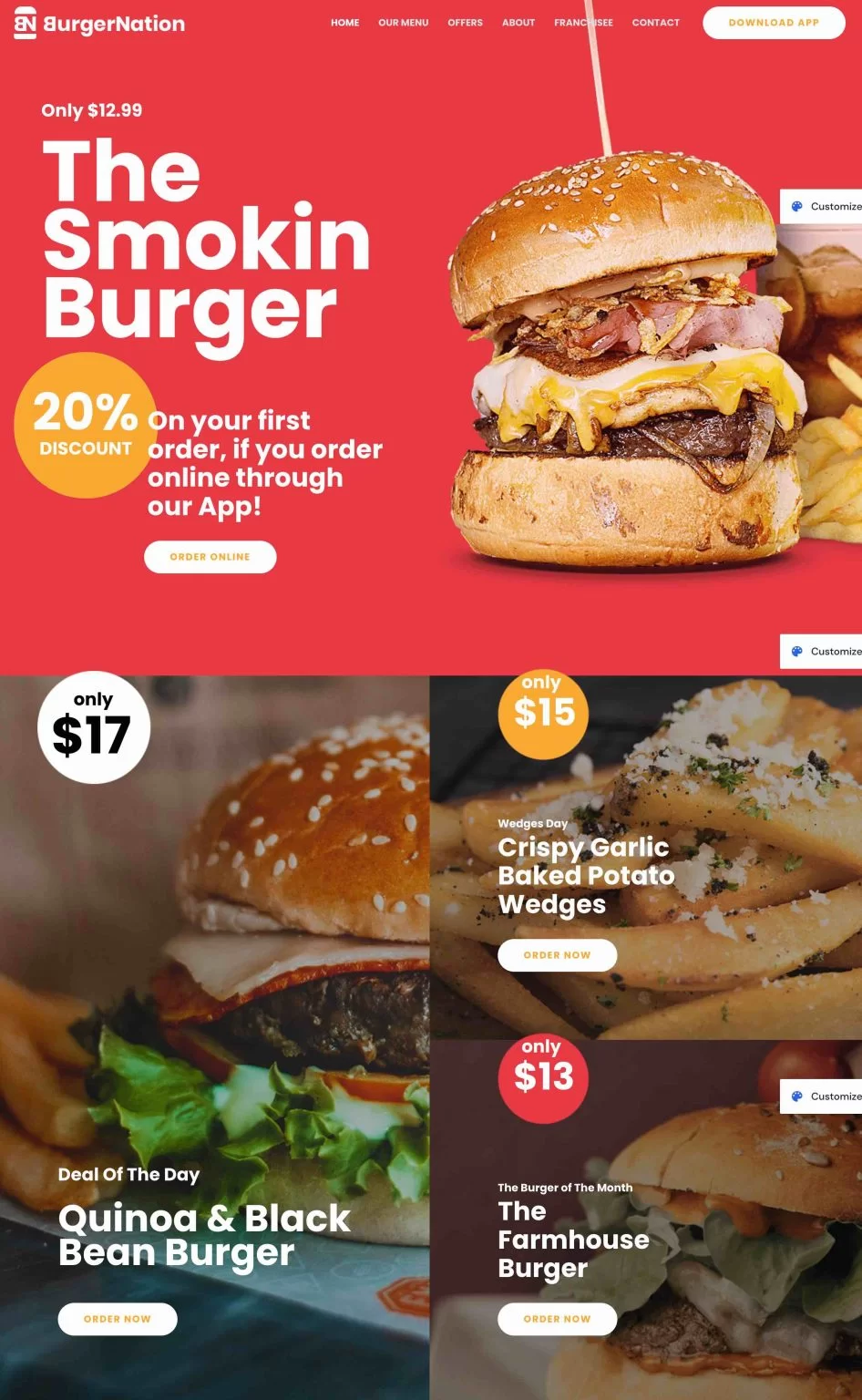 La démo Fast Food restaurant d’Ultimate Addons for Elementor.