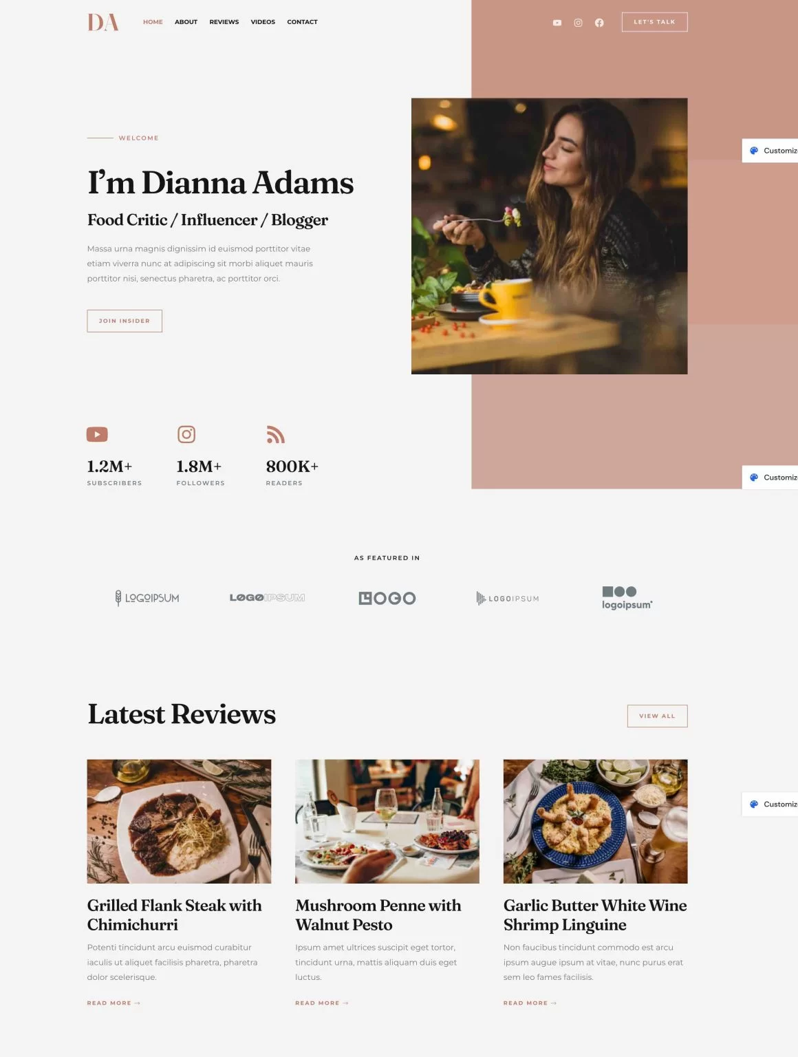 La démo Food Blogger & Influencer d’Ultimate Addons for Elementor.