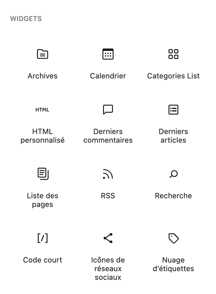 Liste des blocs classés dans la catégorie « Widgets » par défaut de WordPress.