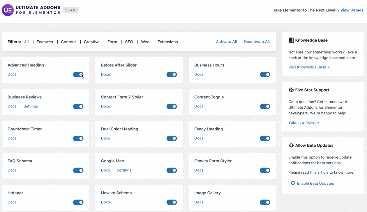 Les modules d'Ultimate Addons for Elementor.