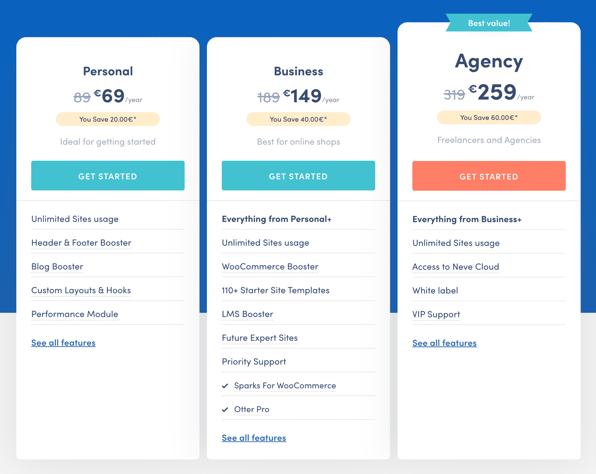 Neve theme plans: Personal, Business, Agency.
