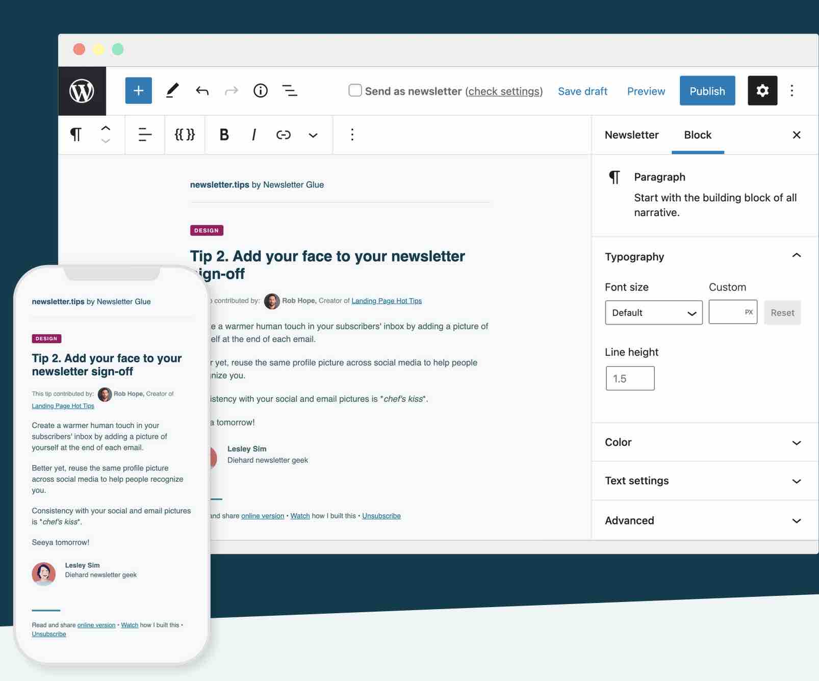 Newsletter Glue utilise l'interface de l'éditeur de contenu de WordPress.
