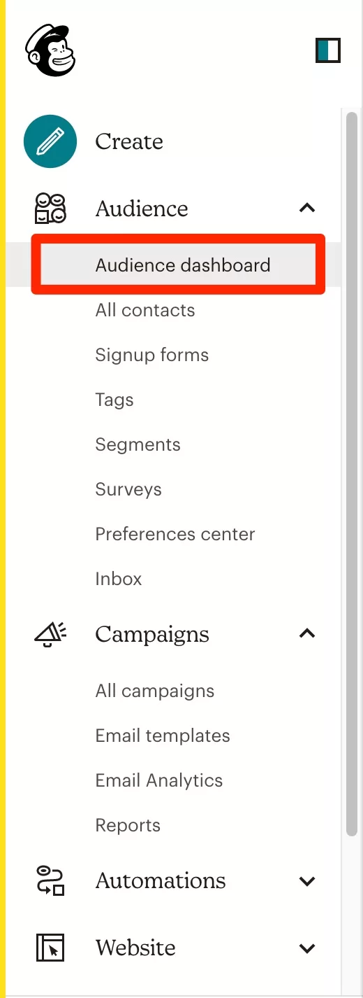 Le menu Audience dashboard de Mailchimp.