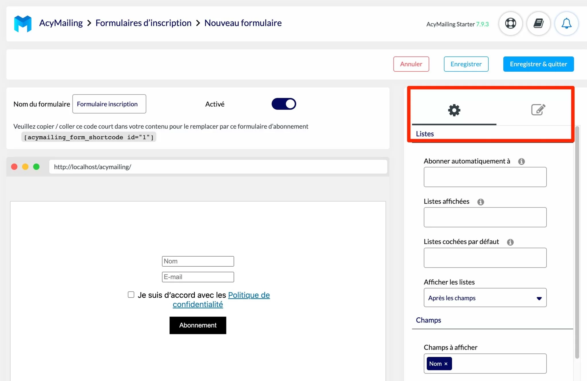 Interface d'édition d'un formulaire d'inscription.