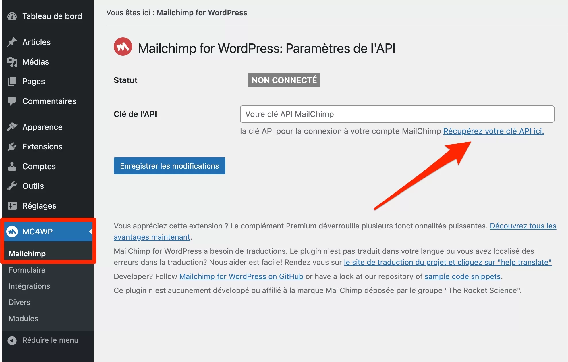 Récupération d'une clé API de Mailchimp for WordPress.