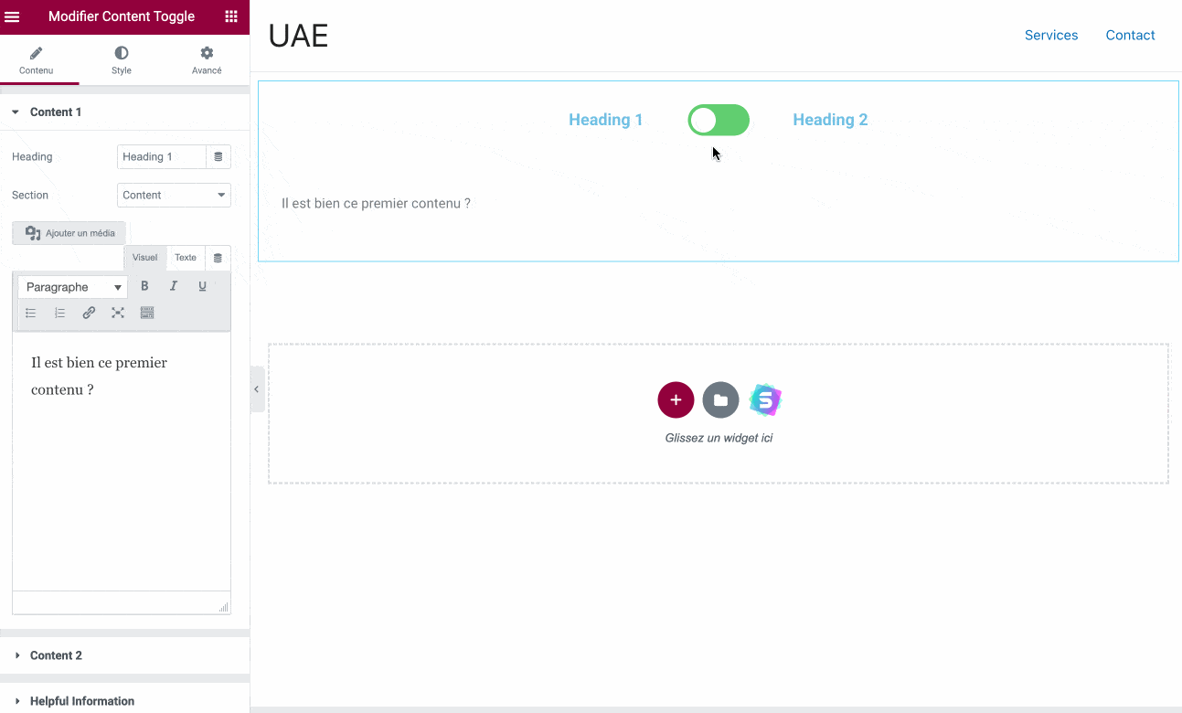 Le widget Content Toggle de Ultimate Addons for Elementor.