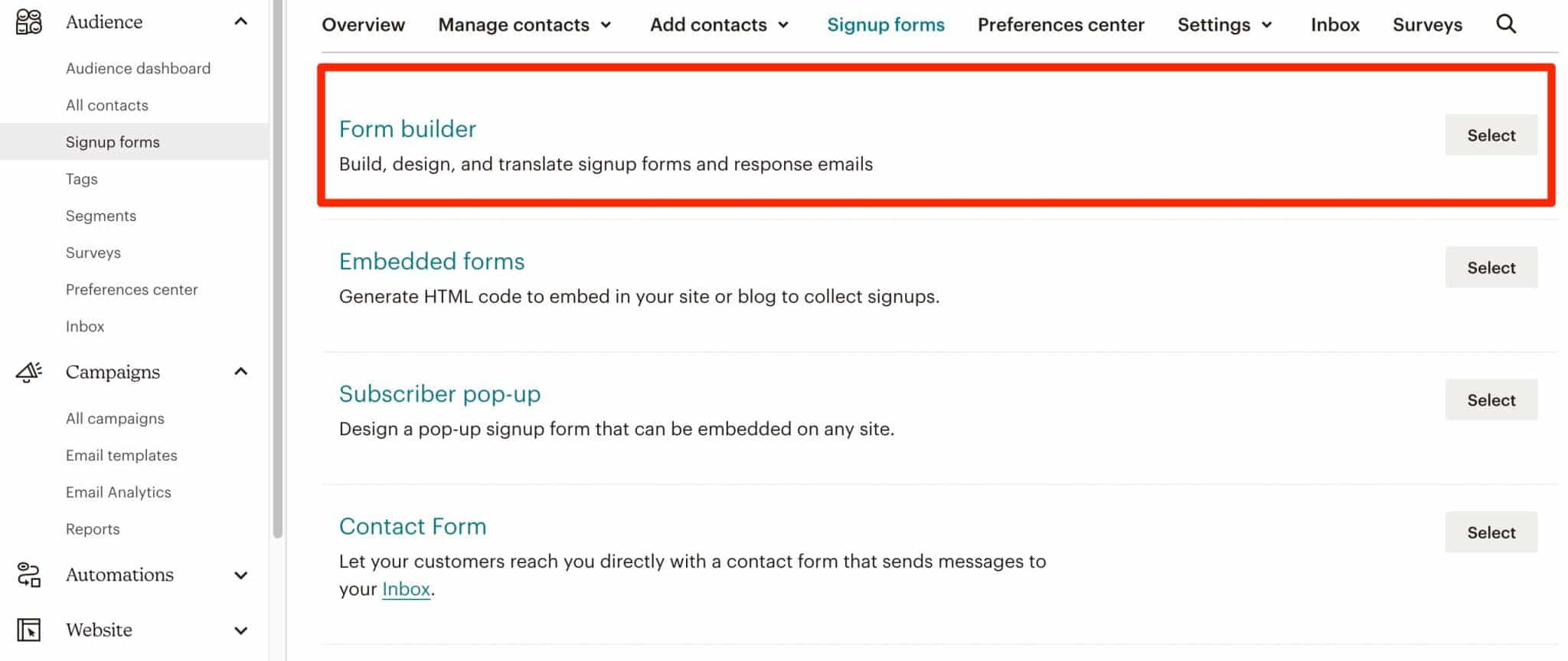 Build a form on Mailchimp.