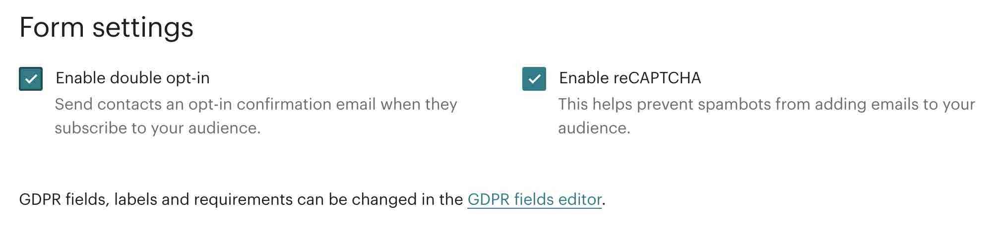 Form settings on Mailchimp.