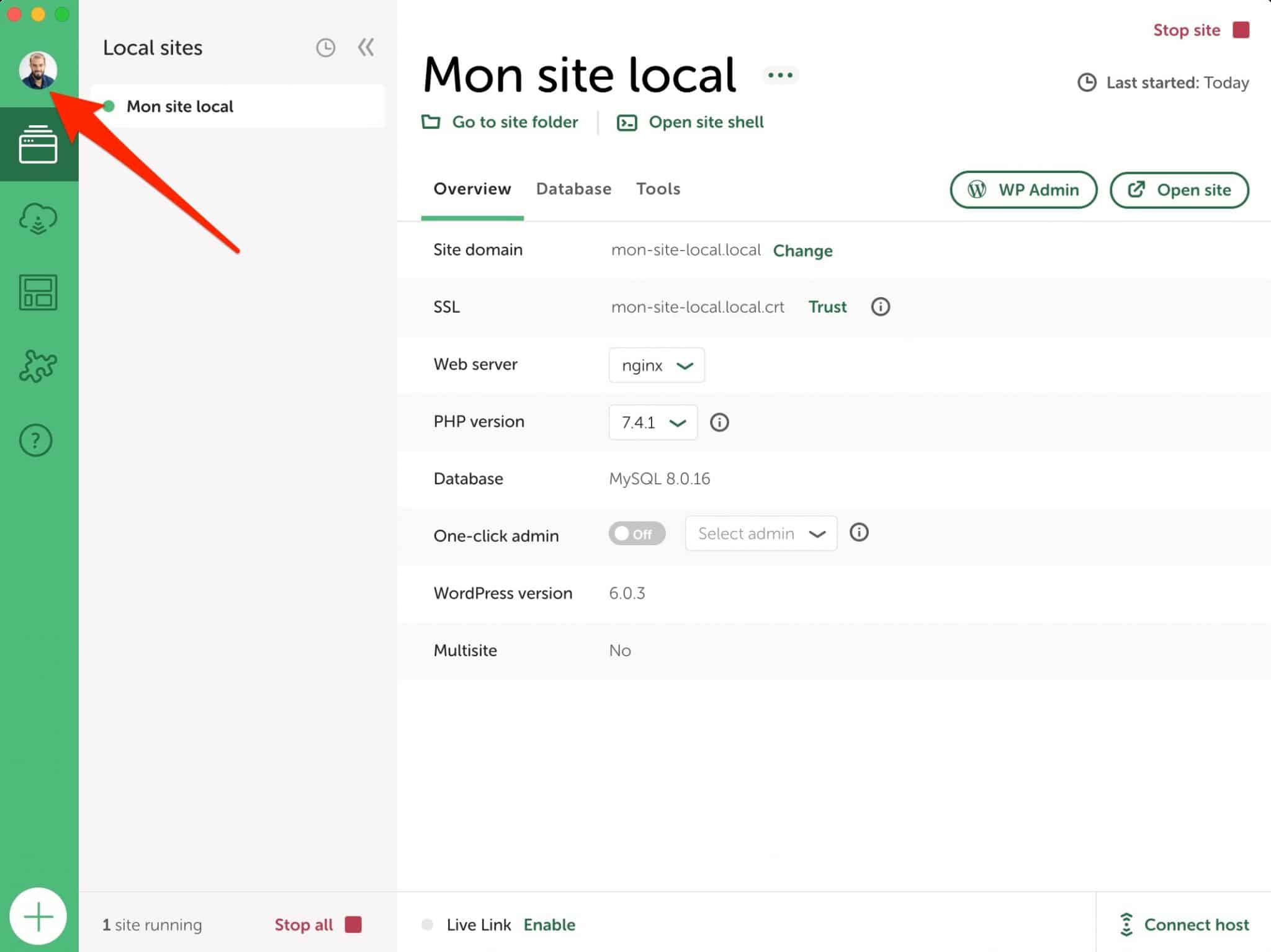 Accès à un compte local depuis l'interface de Local by Flywheel.
