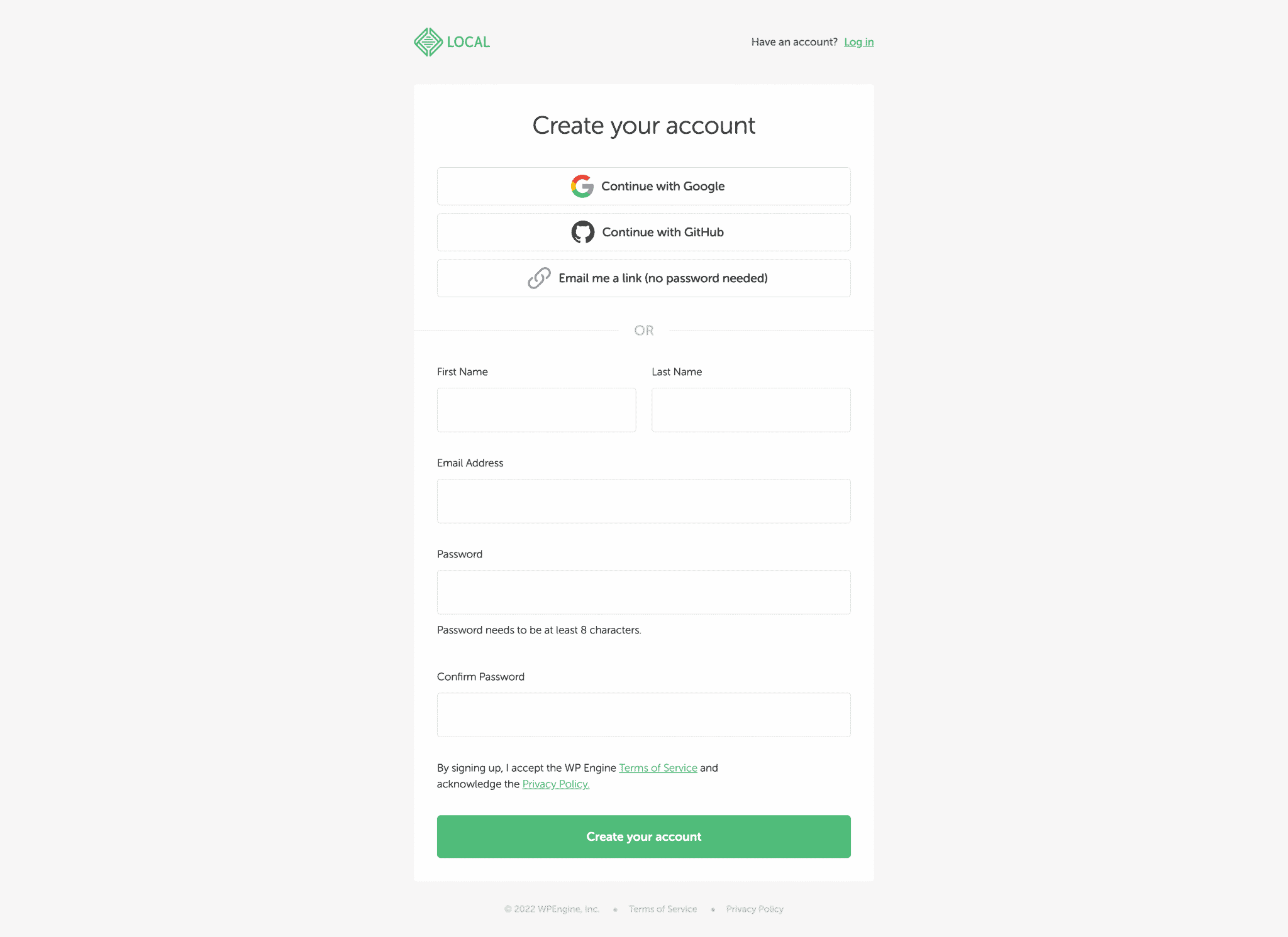 La connexion à un compte Local by Flywheel peut se faire via Google.