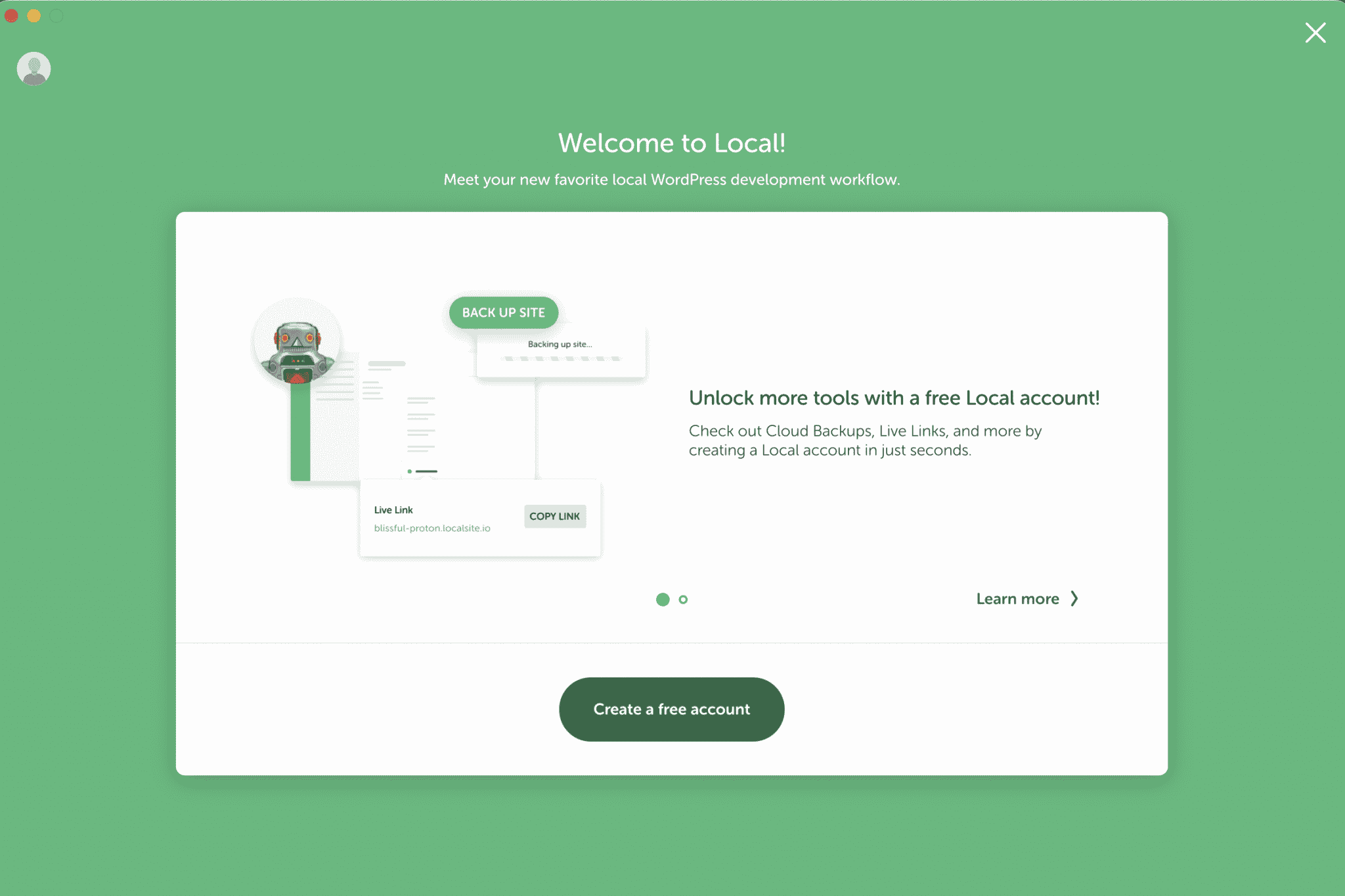 L'usage de Local by Flywheel réclame la création d'un compte gratuit.