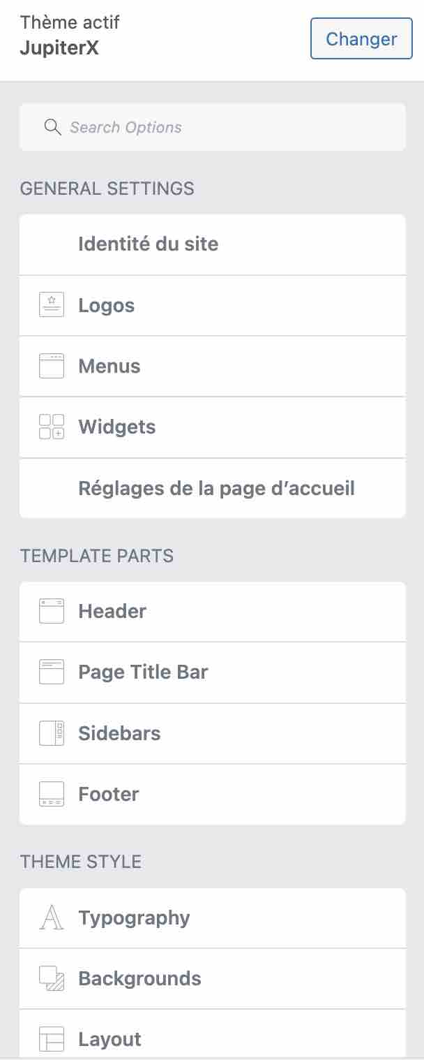 Aperçu des réglages proposés par Jupiter X2 sur l'Outil de personnalisation de WordPress.