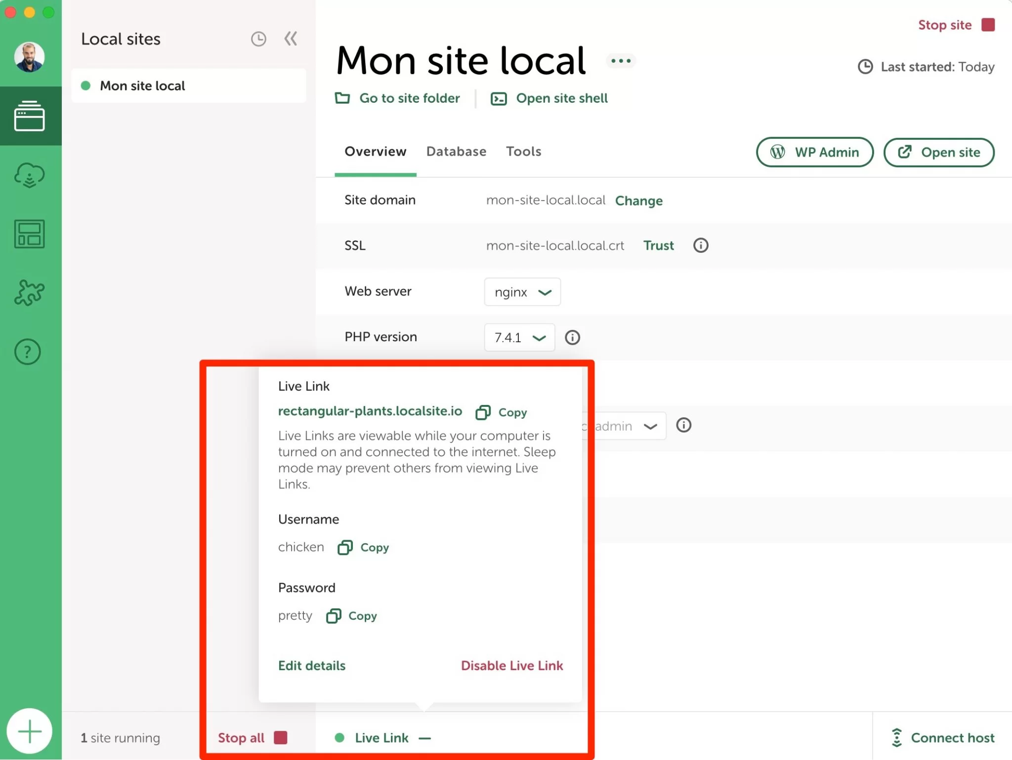 Avec Local by Flywheel, un Live Link peut être personnalisé.