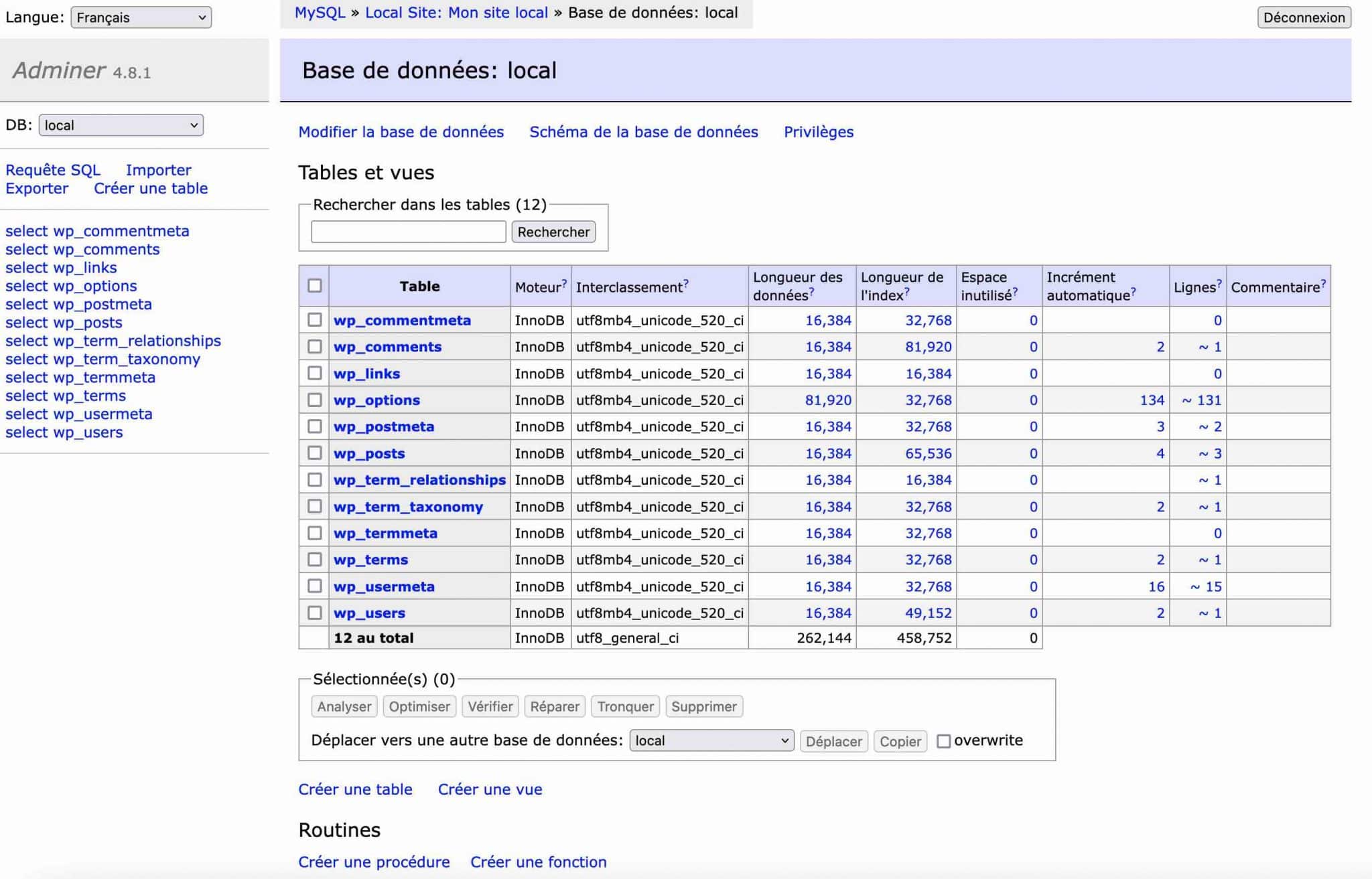 Local by Flywheel utilise Adminer pour administrer votre base de données.