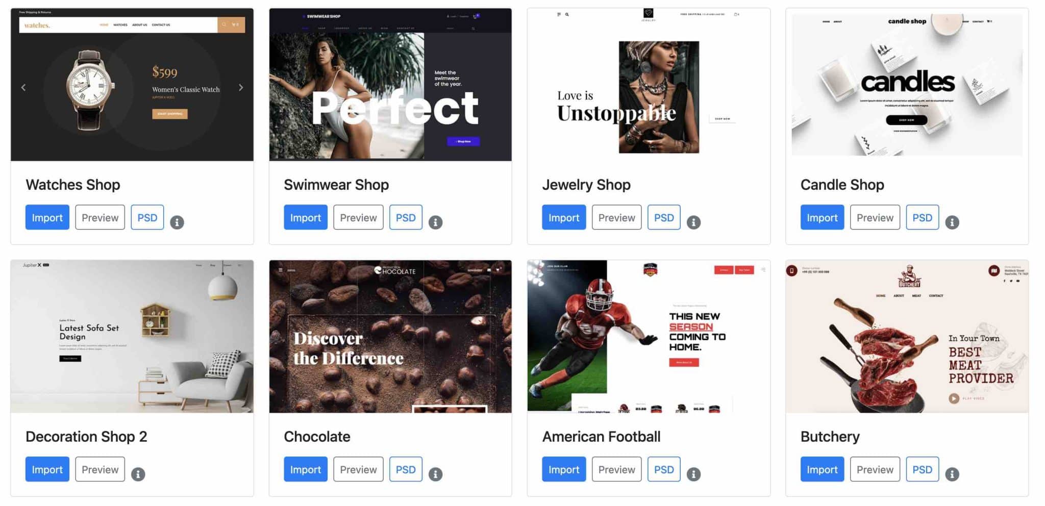 Quelques templates e-commerce proposés par Jupiter X2.