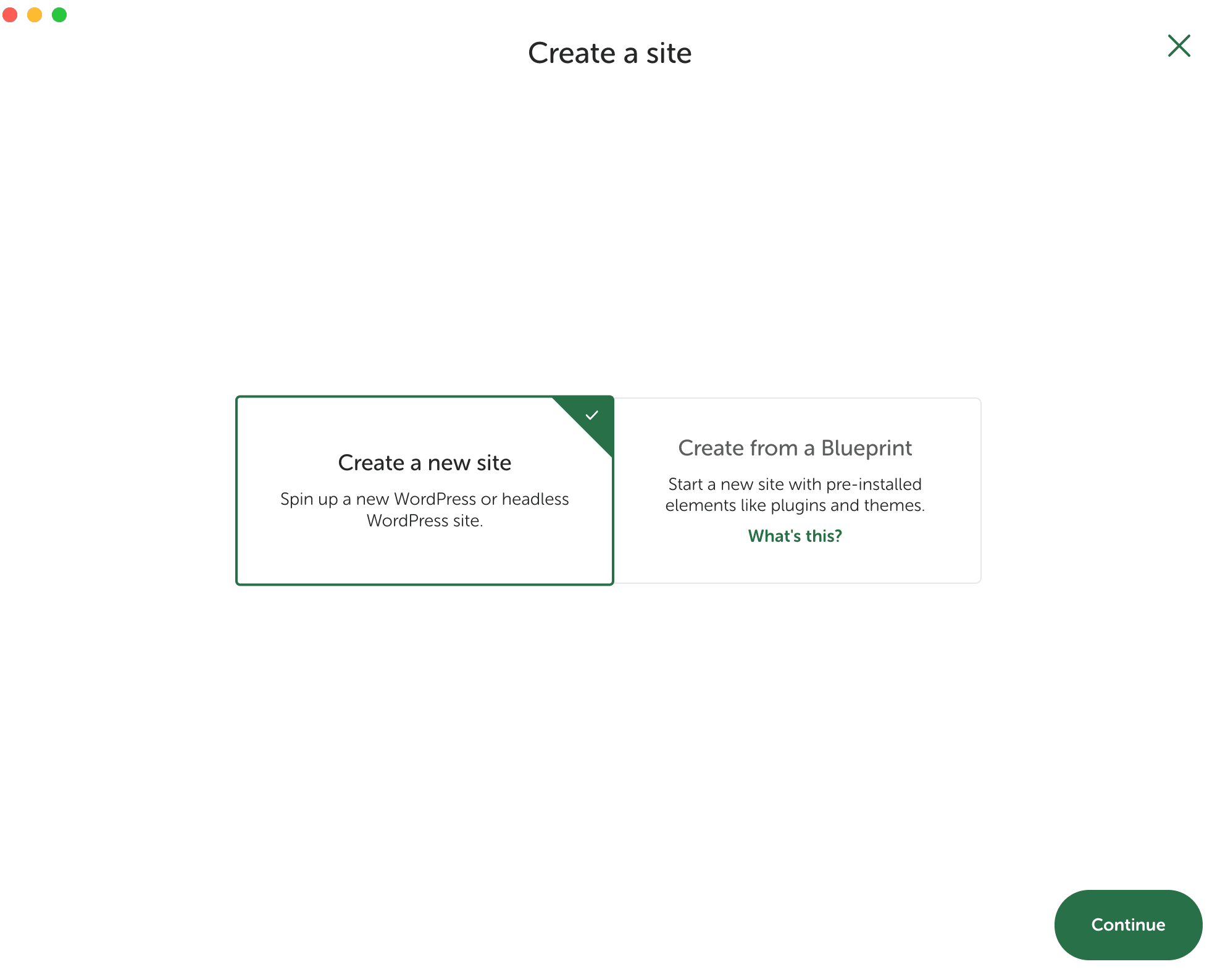 Local allows you to create a local site from scratch or from a Blueprint.