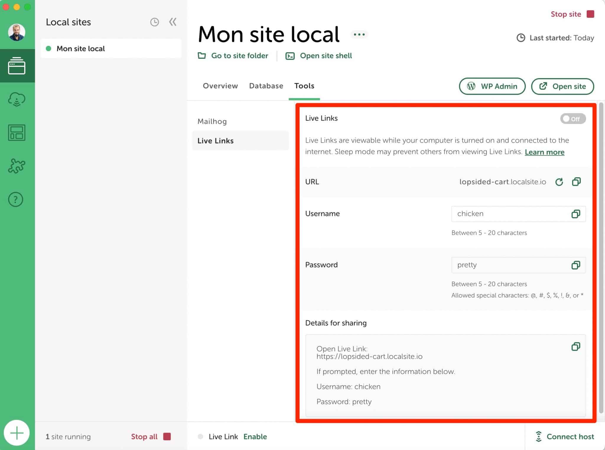Modification d'un Live Link sur le tableau de bord de Local by Flywheel.