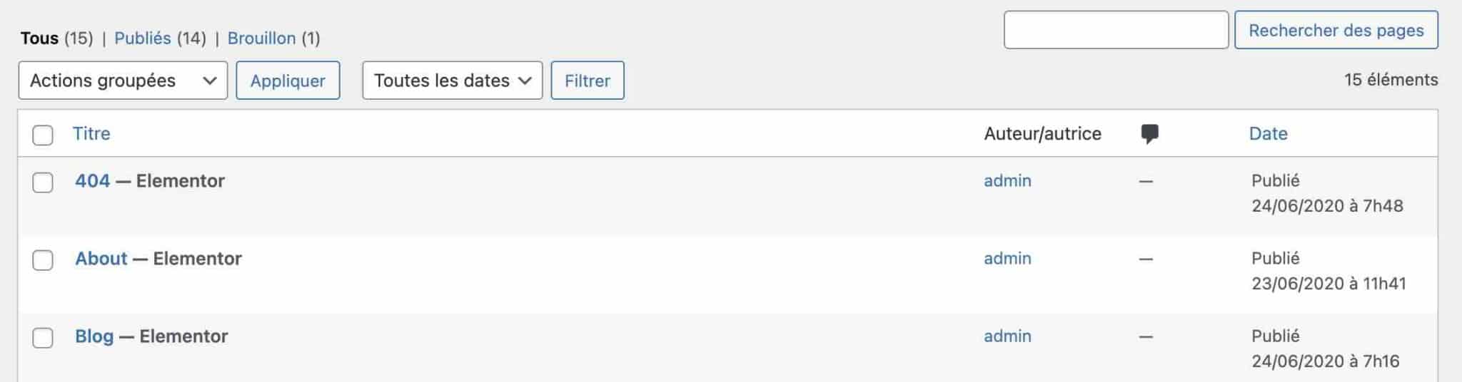 Un aperçu des pages créées avec Elementor sur votre back office WordPress.