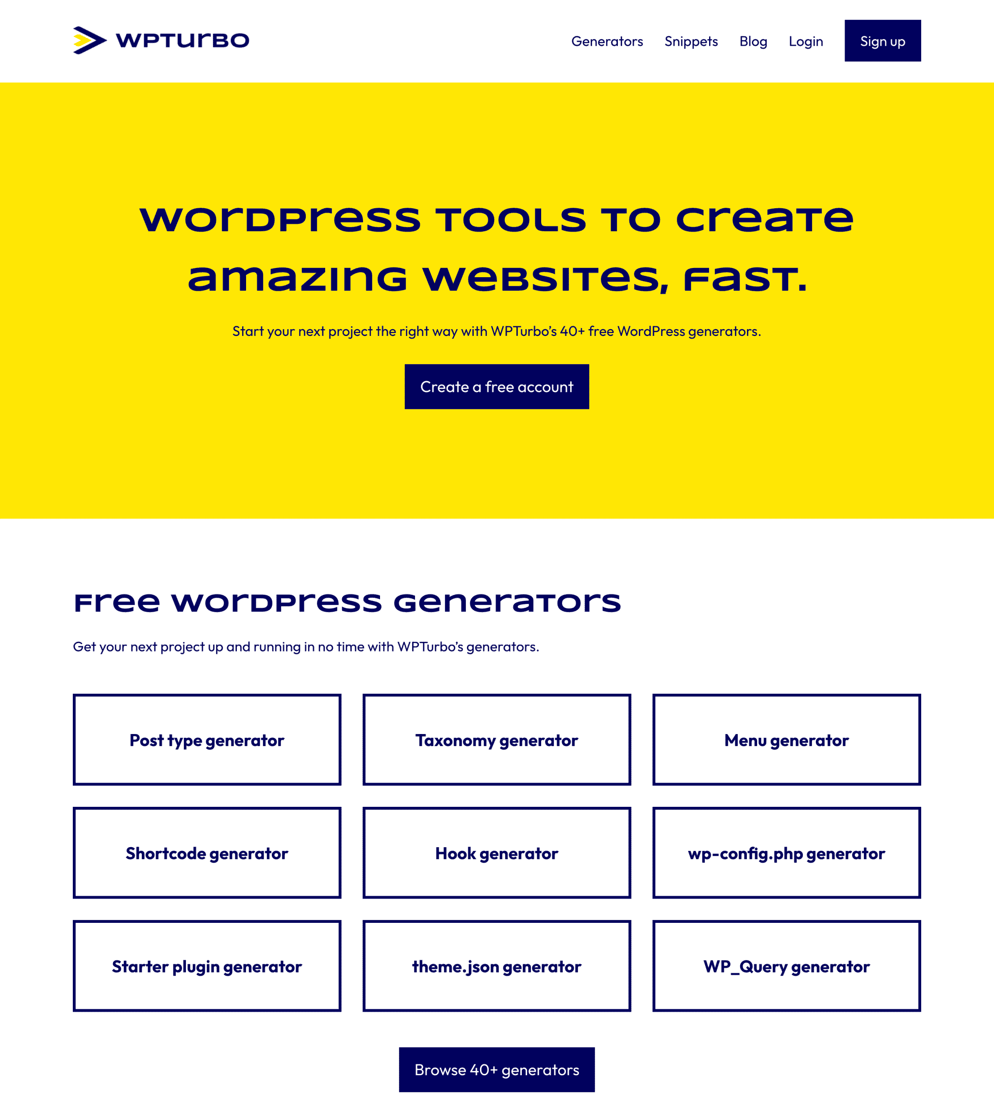 Page d'accueil de WPTurbo, le site pour aider les développeurs WordPress à concevoir des sites plus rapidement.