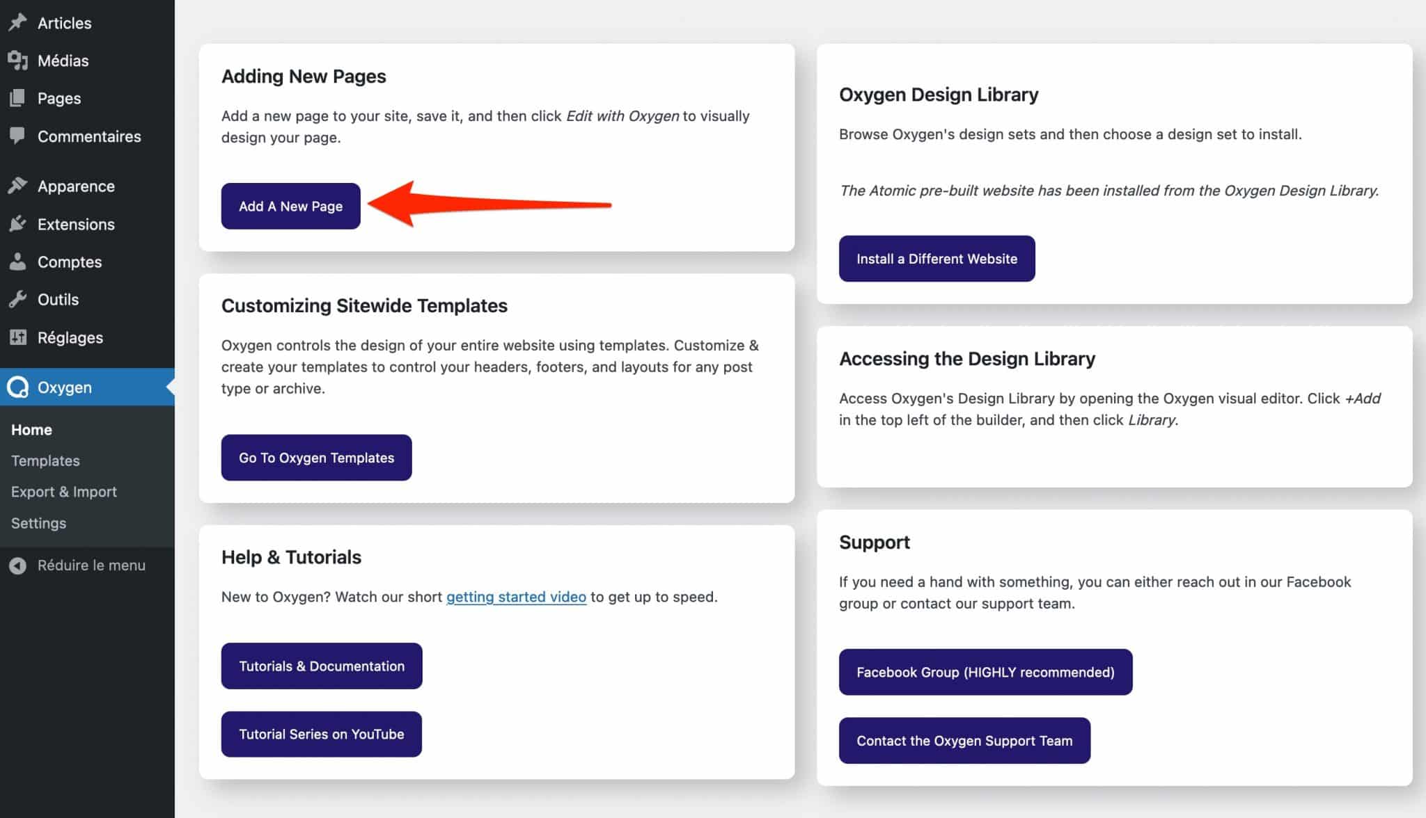 Oxygen Builder dispose d'un raccourci pour ajouter une nouvelle page sur WordPress.