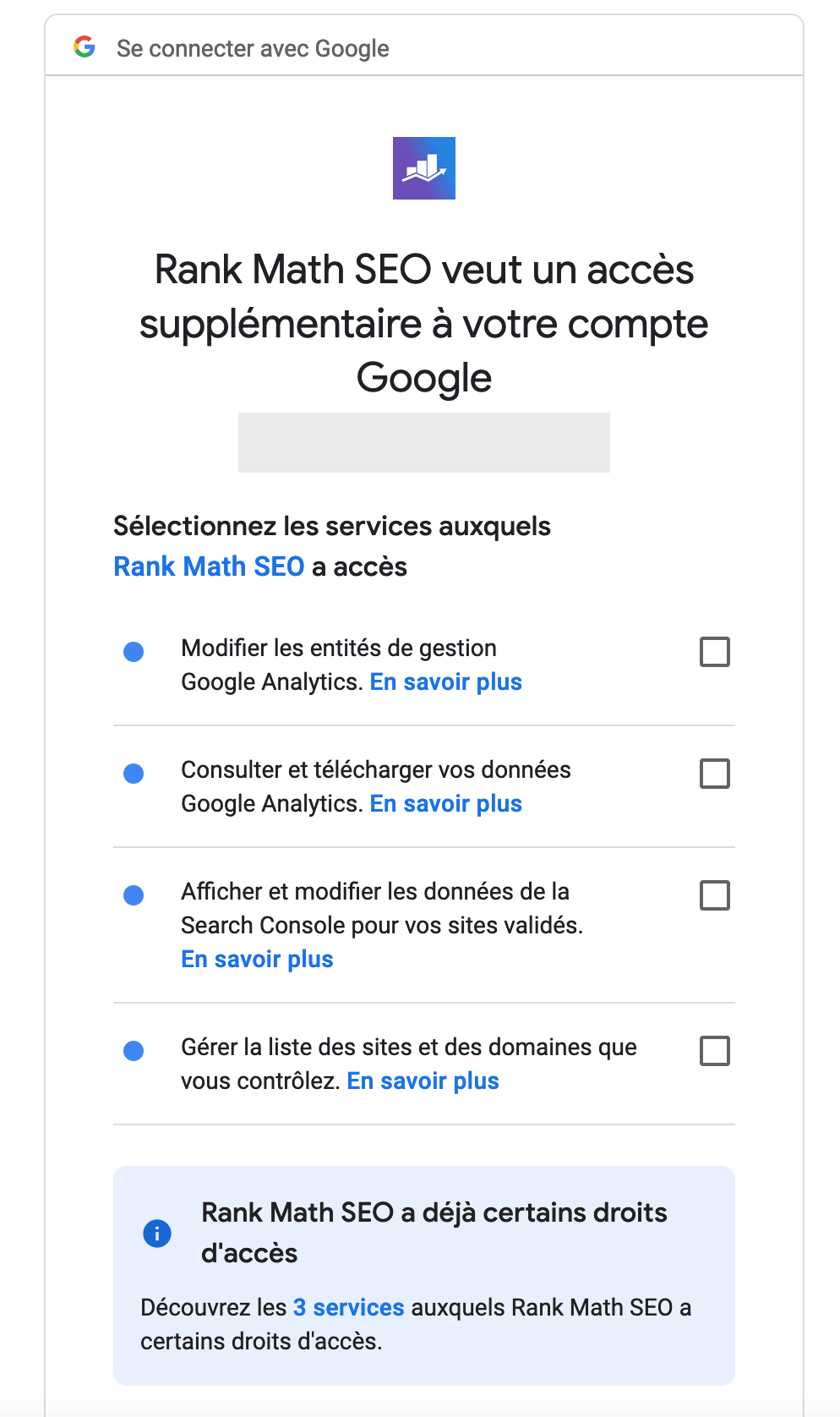 Autorisation de la connexion à la Google Search Console.