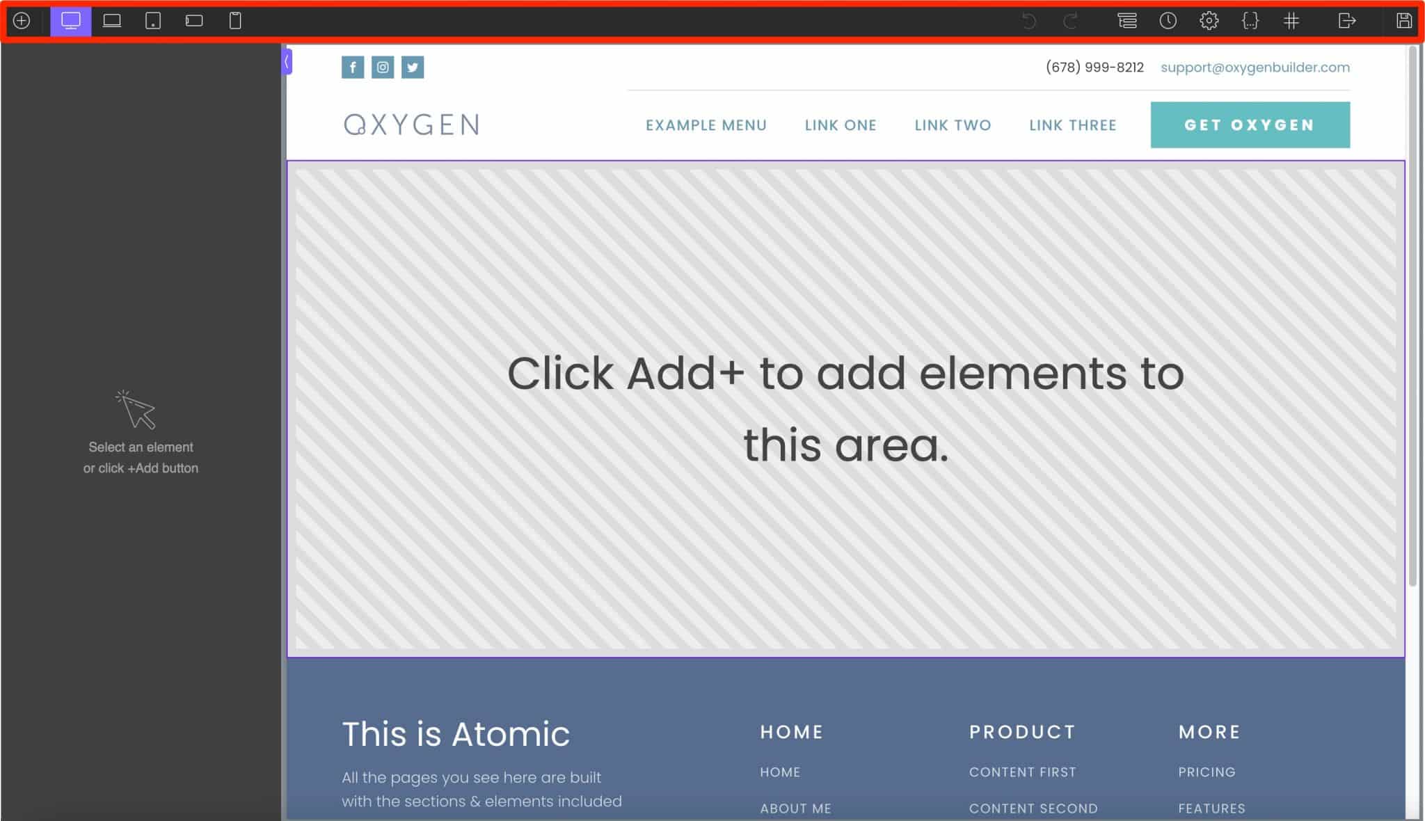 Oxygen propose une barre d'outils pour éditer votre page.