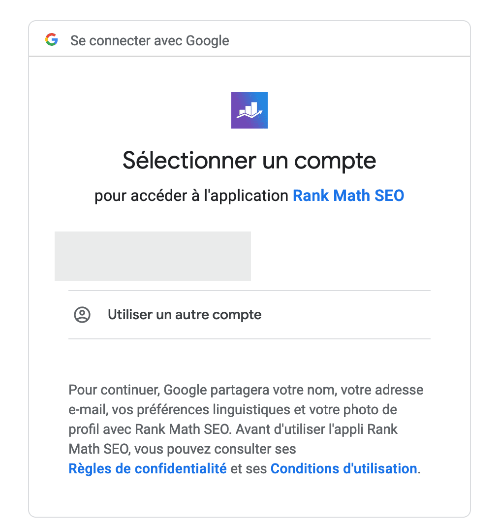 Sélection d'un compte pour connecter Rank Math à la Search Console.