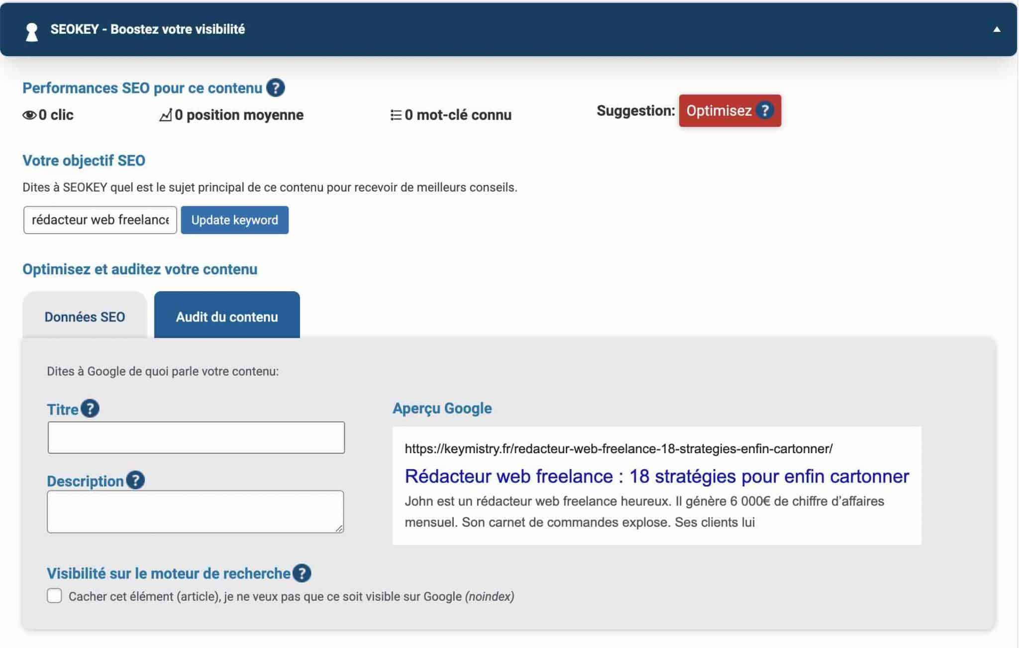 L'encart de SEOKEY pour éditer le SEO on-page de votre contenu.