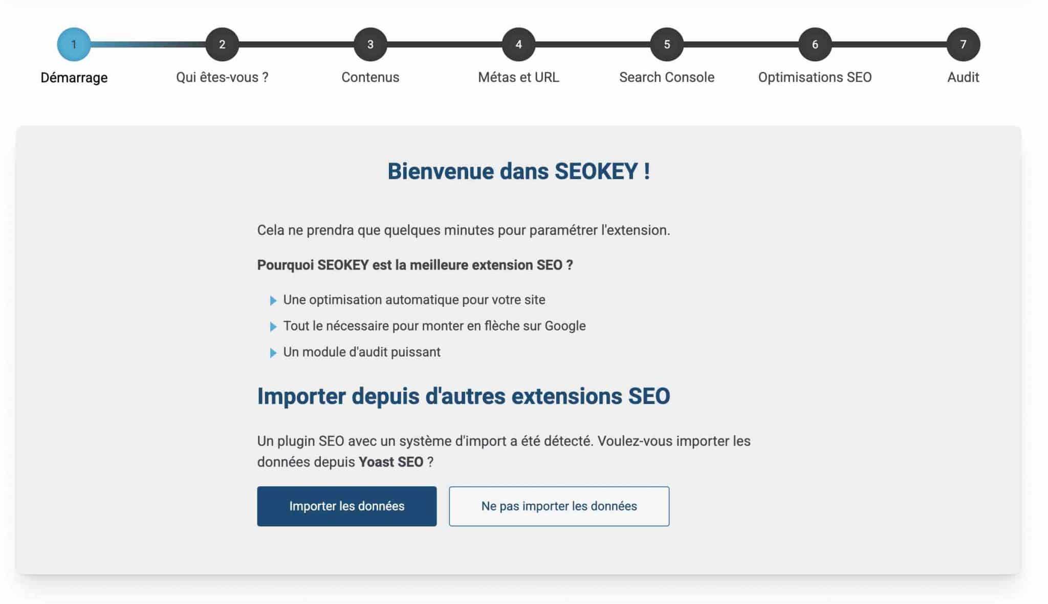Les étapes du wizard de SEOKEY.